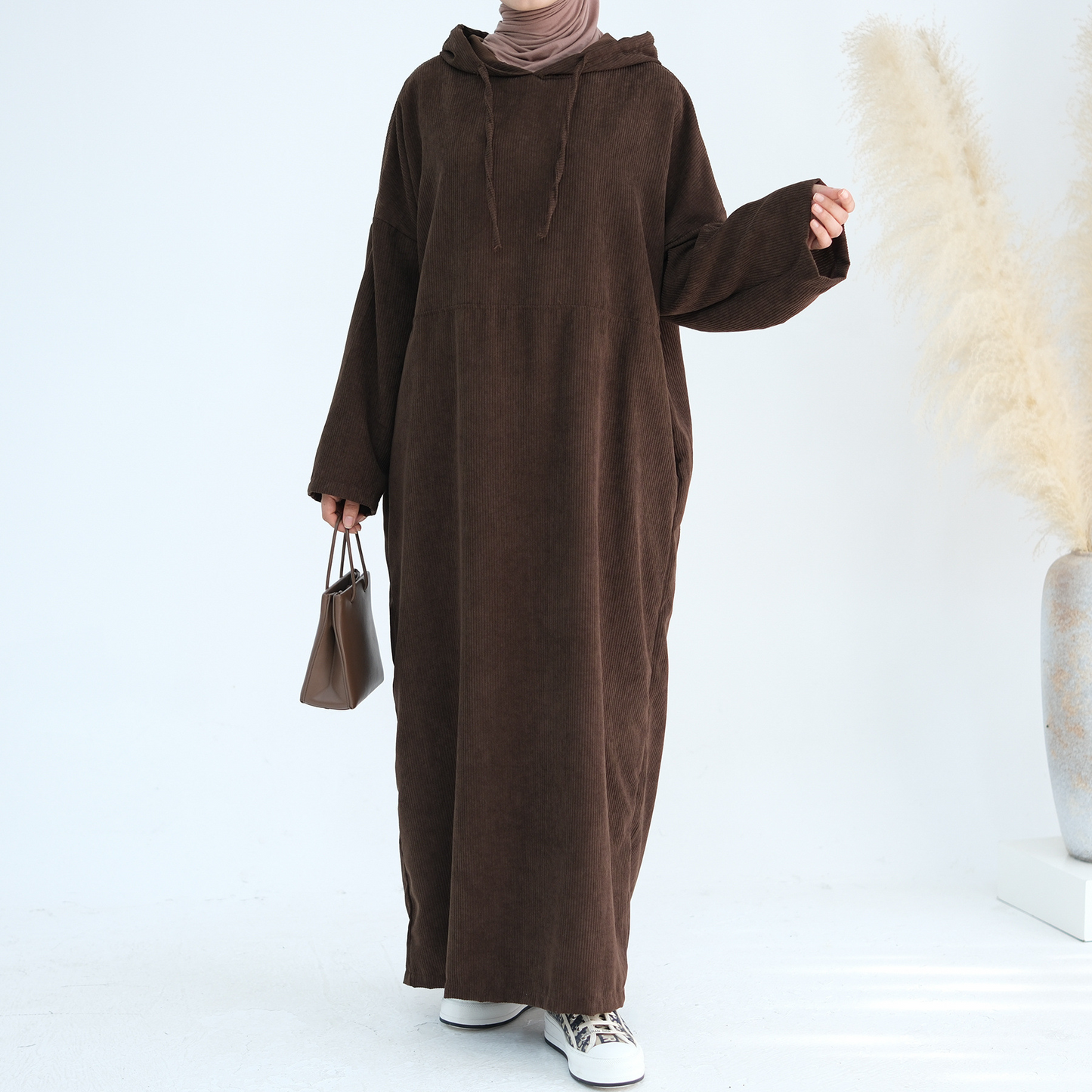 MH95 Corduroy Hooded Abaya with Pockets – Winter Casual Maxi Dress