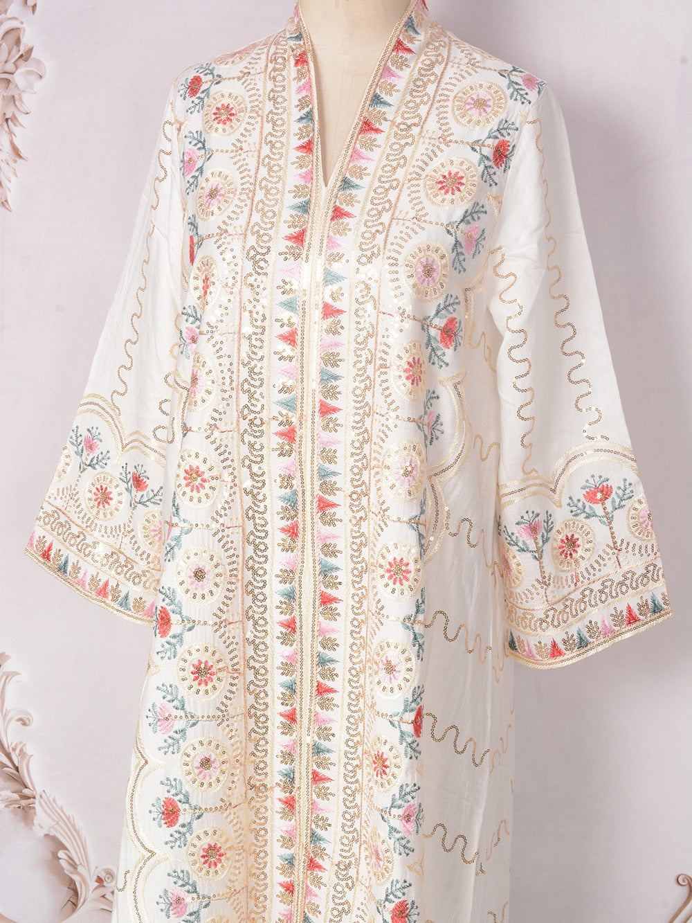 MH132 Sequin Embroidered Abaya Dress – Elegant V Neck Modest Maxi Kaftan for Muslim Women