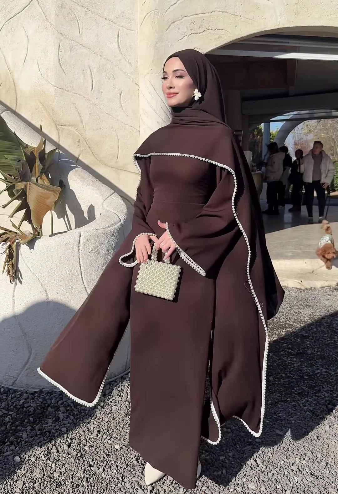 MH123 Pearl Trim Khimar Abaya Dress Set – Elegant Brown Modest Maxi Dress