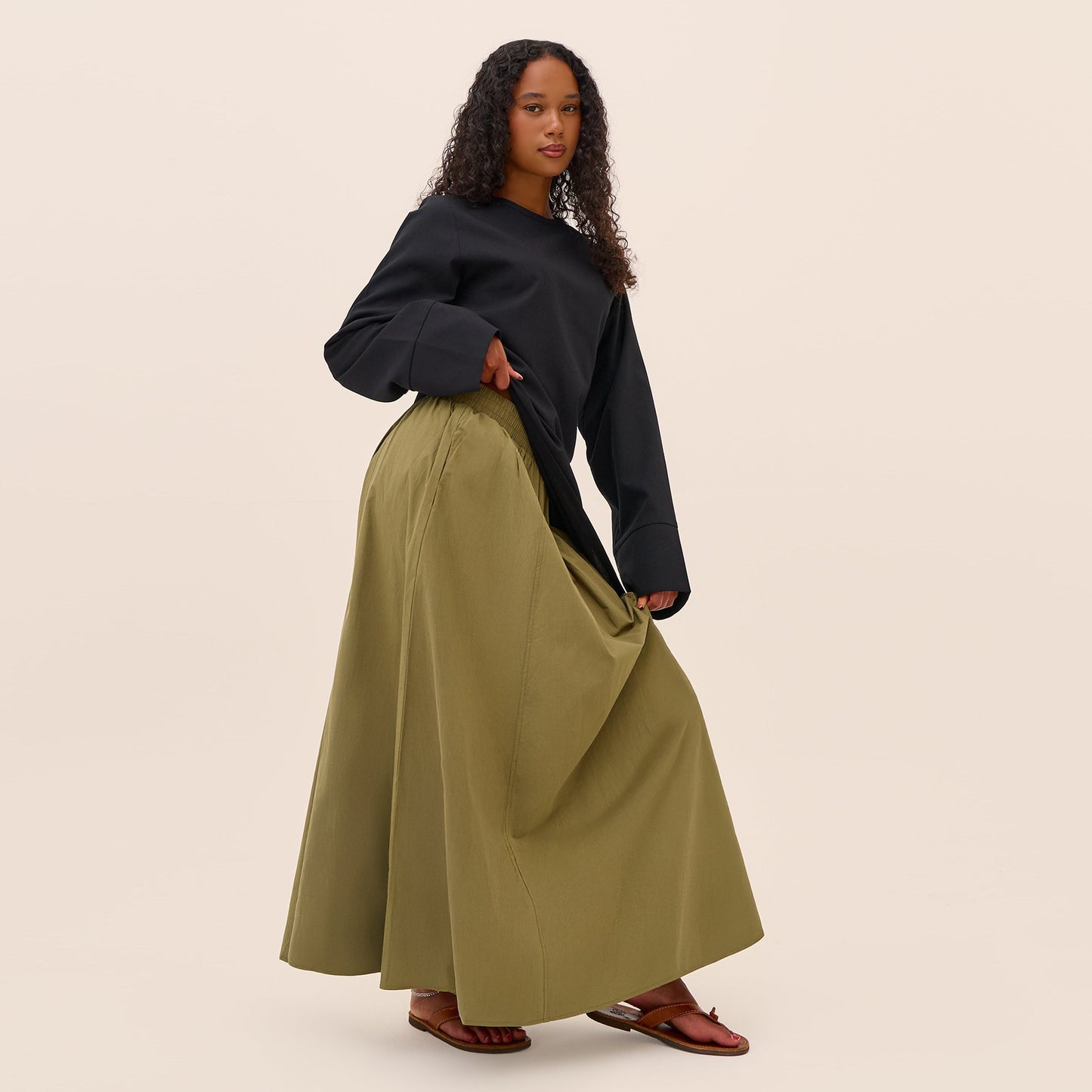 MH87 Modest Cotton-Linen Two-Piece Set – Asymmetric Drape Top & Maxi Skirt | Muslim Women Outfit for Eid & Daily Wear