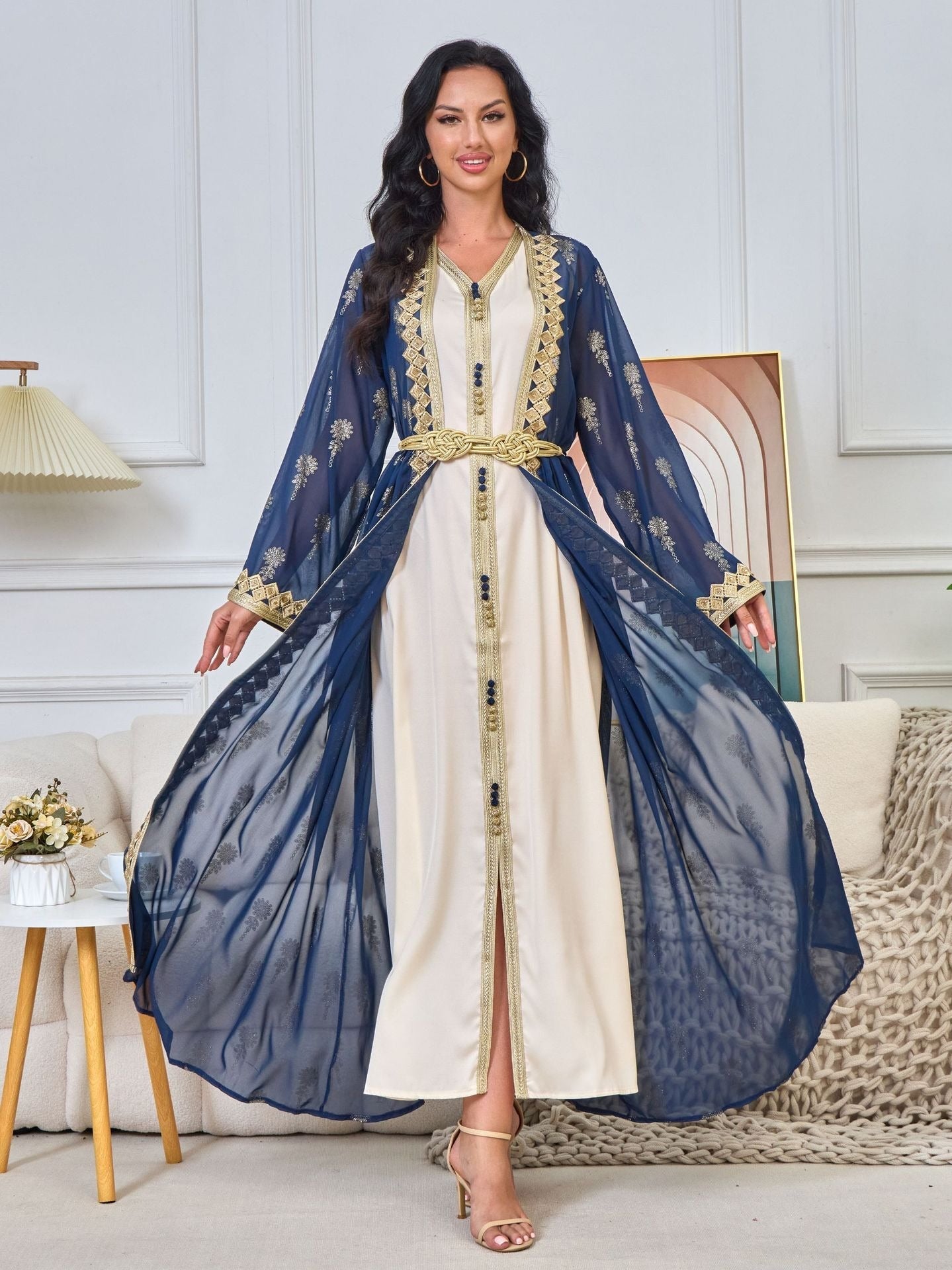 MH127 Embroidered Two Piece Abaya Set – Luxury Open Front Cardigan Abaya Dress for Eid & Formal Wear