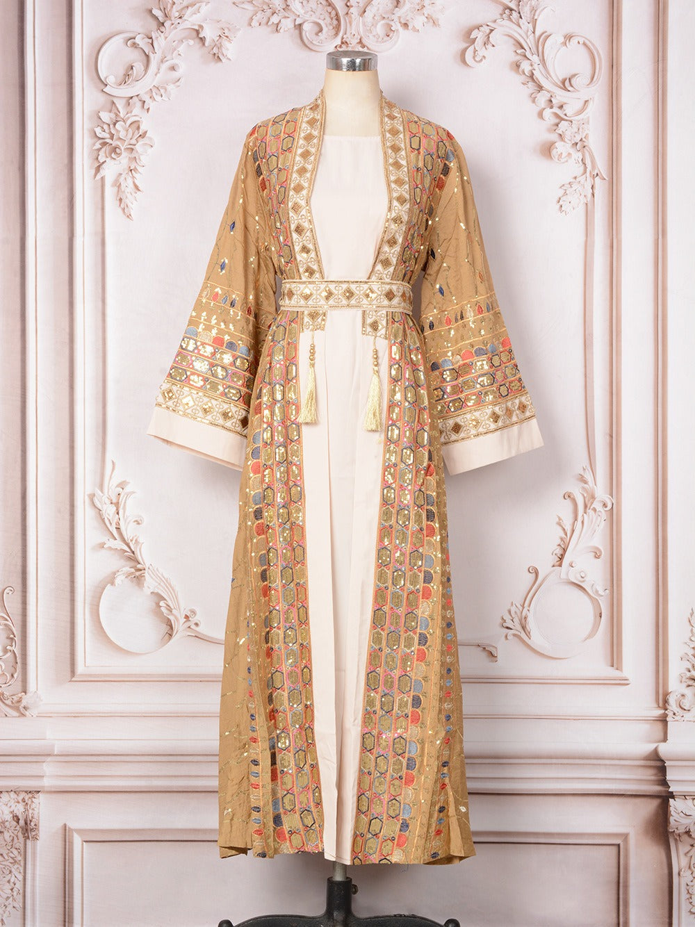 MH130 Luxury Beaded Open Abaya Set – Embroidered Modest Eid Kimono Dress for Muslim Women