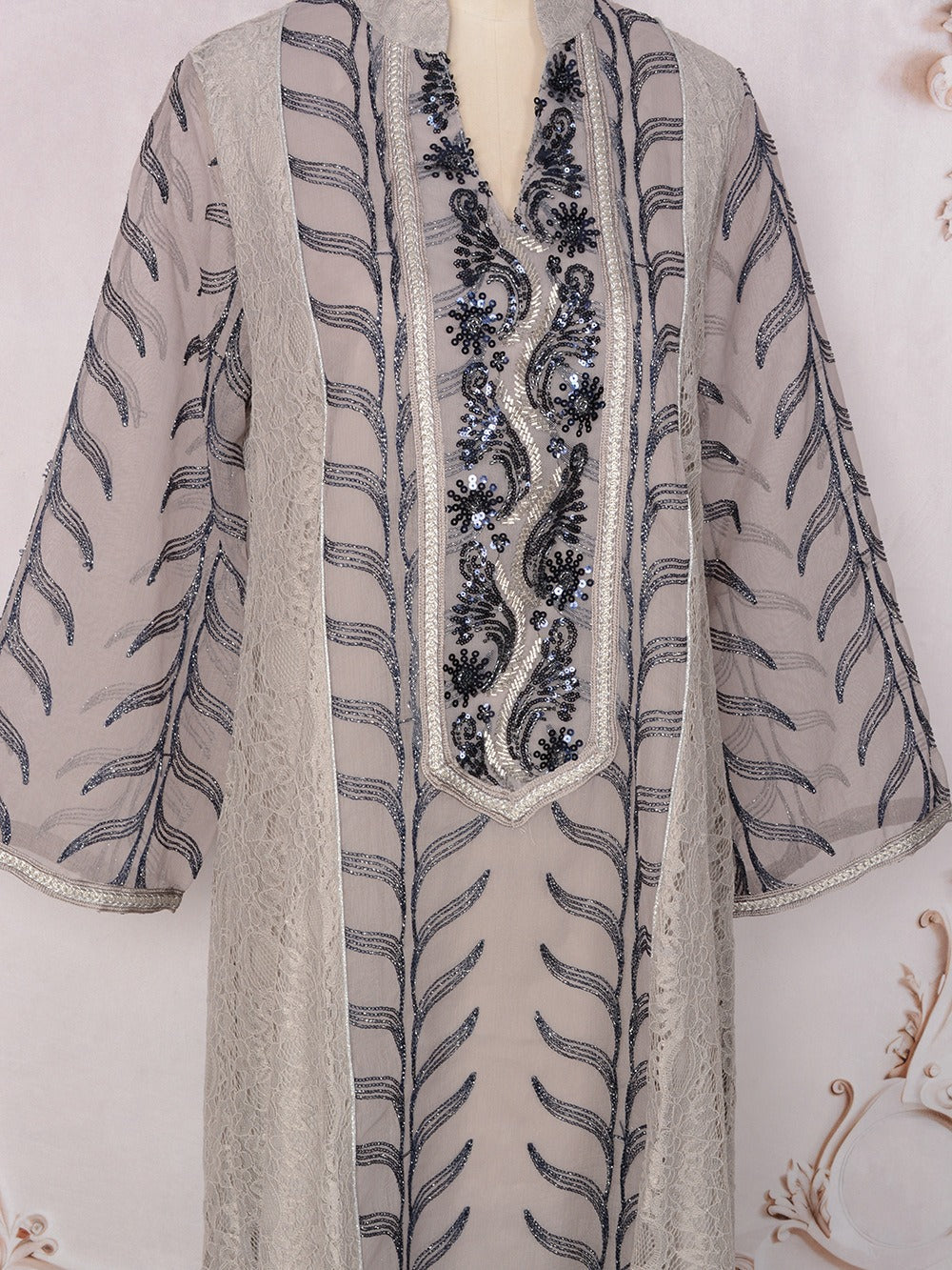 MH129 Beaded Embroidered Abaya Set – Elegant Mesh Modest Eid Dress for Muslim Women