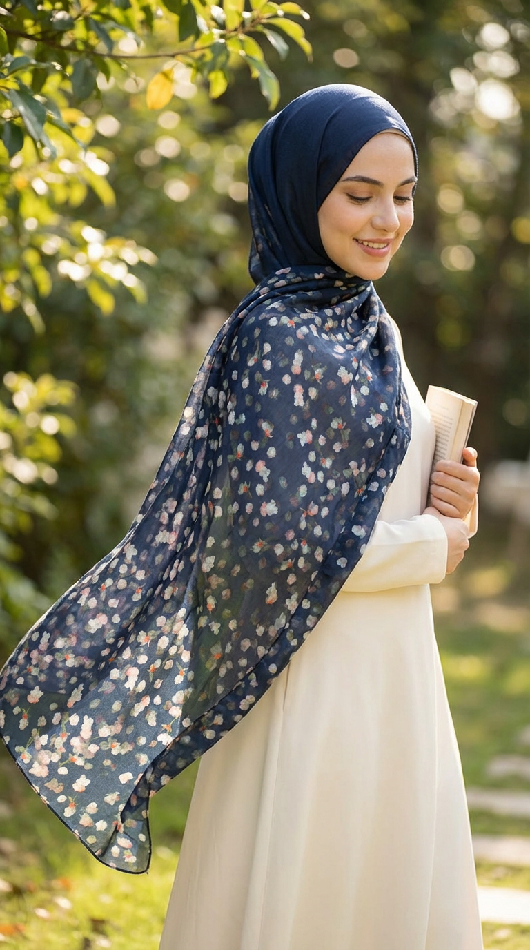 Navy Floral Mulberry Silk Scarf - Luxury Print Shawl | Premium Gift