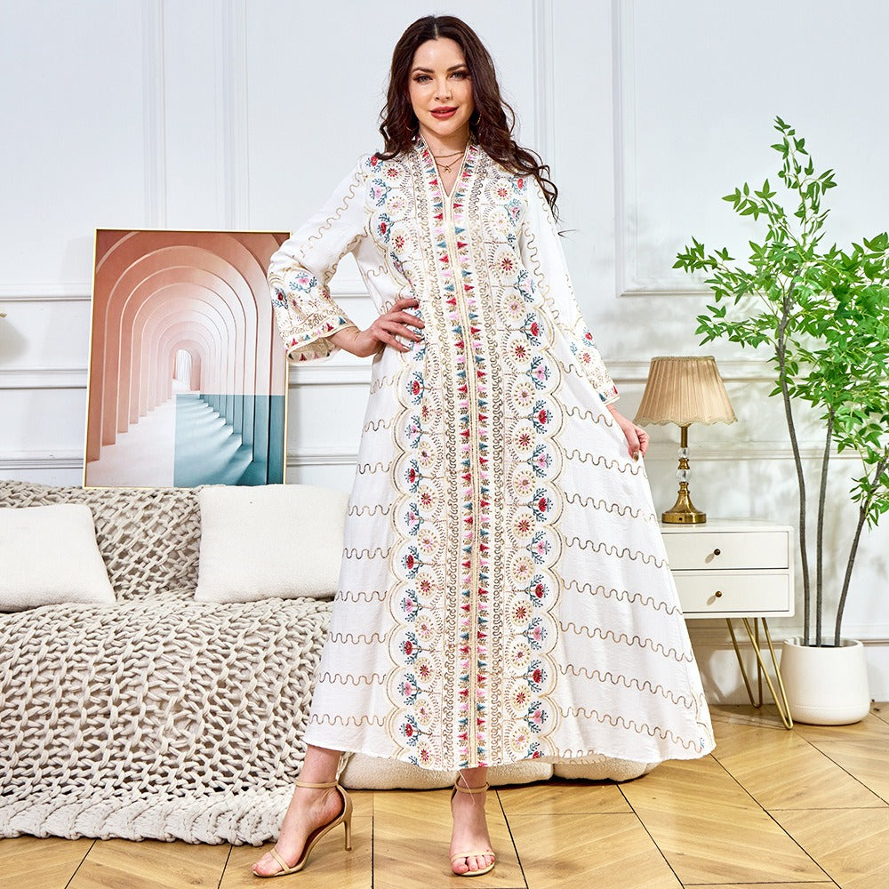 MH132 Sequin Embroidered Abaya Dress – Elegant V Neck Modest Maxi Kaftan for Muslim Women