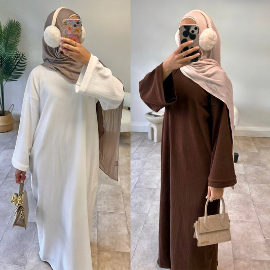 MH83 Oversized Abaya Dress for Women – Ribbed, Balloon Sleeve, Full-Length Modest Islamic Wear