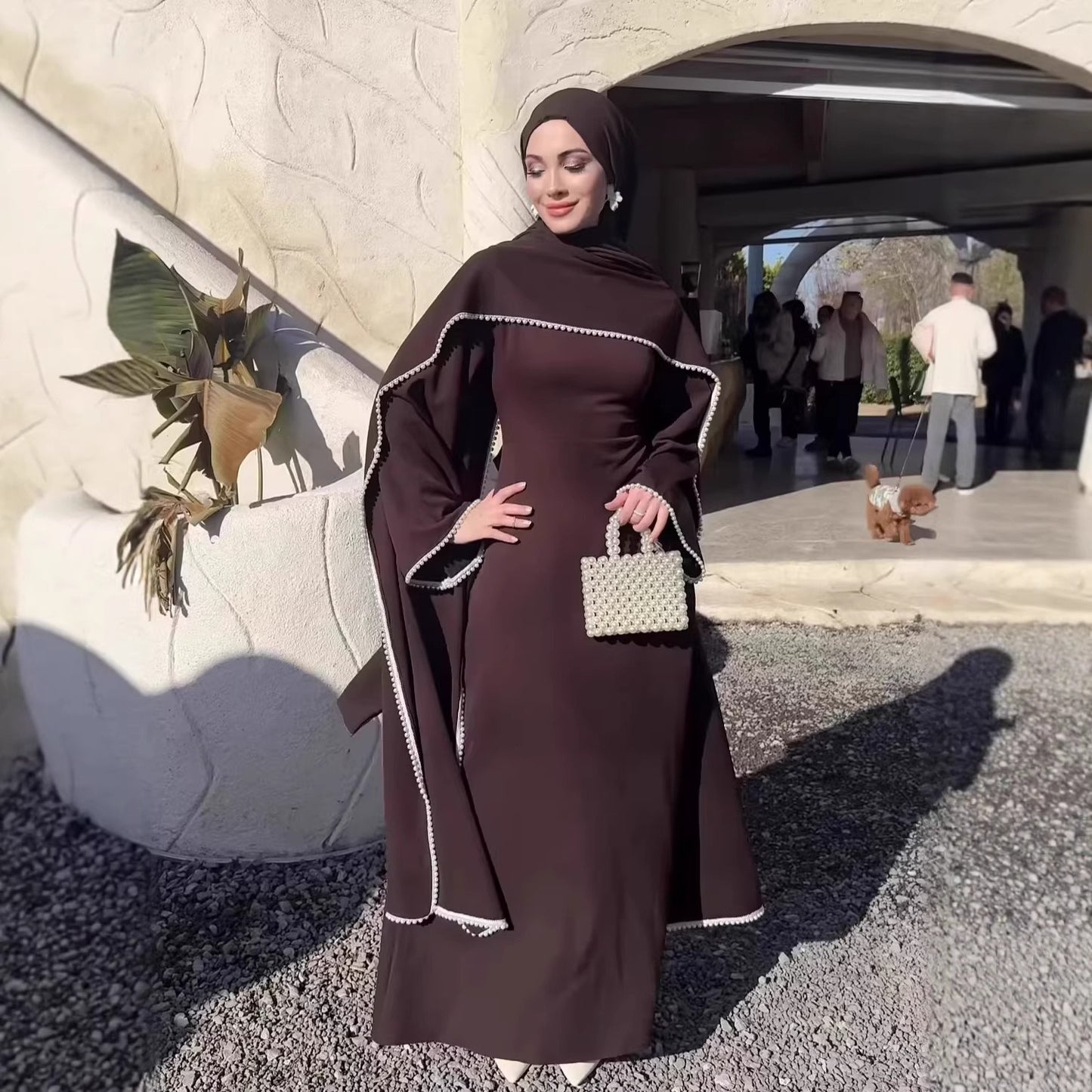 MH123 Pearl Trim Khimar Abaya Dress Set – Elegant Brown Modest Maxi Dress