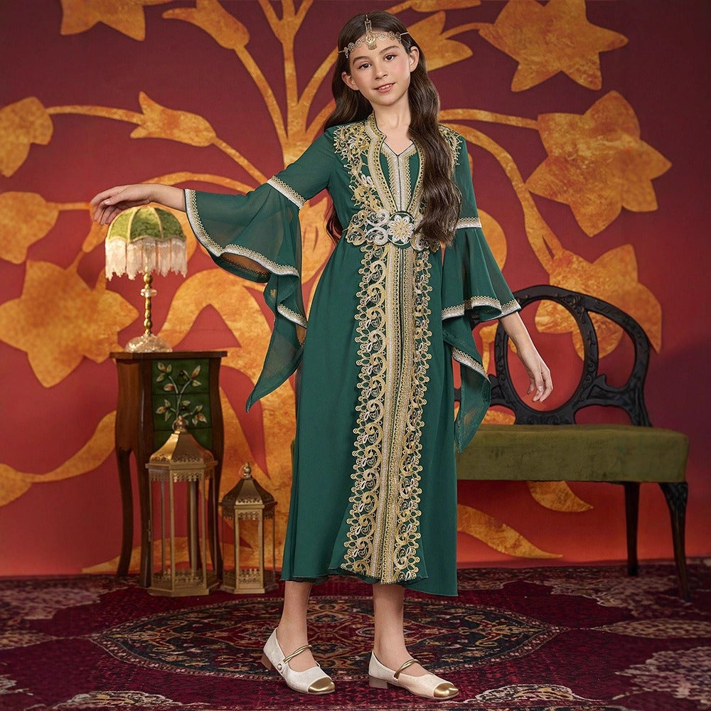 MH141 Girls Chiffon Maxi Dress with Flare Sleeves – Modest Festival Dress for Girls Ages 8–12