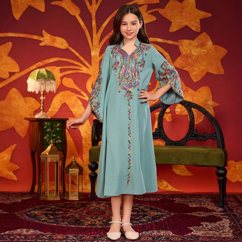 MH139 Girls Embroidered Maxi Robe Dress – Flare Sleeve Modest Eid Dress for Girls Ages 8–12