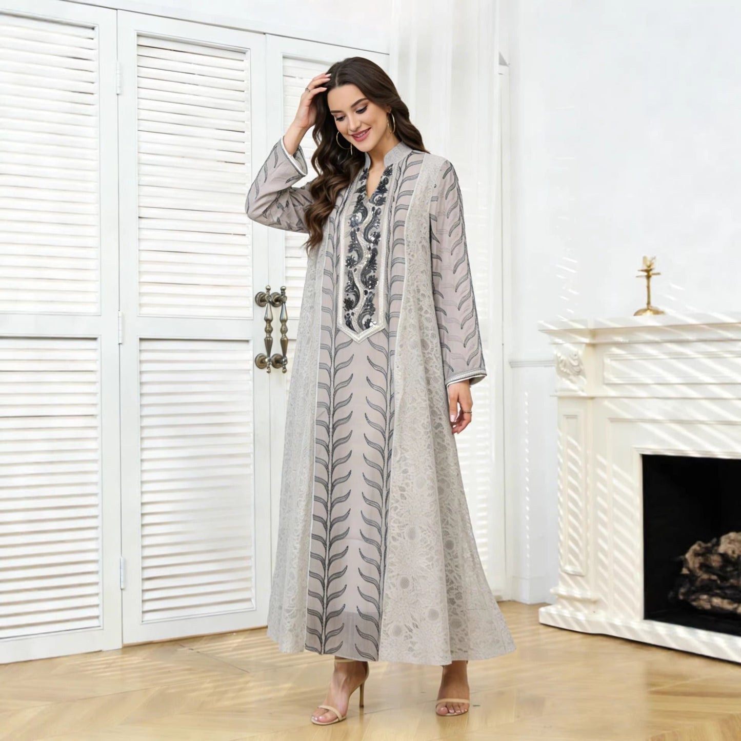 MH129 Beaded Embroidered Abaya Set – Elegant Mesh Modest Eid Dress for Muslim Women