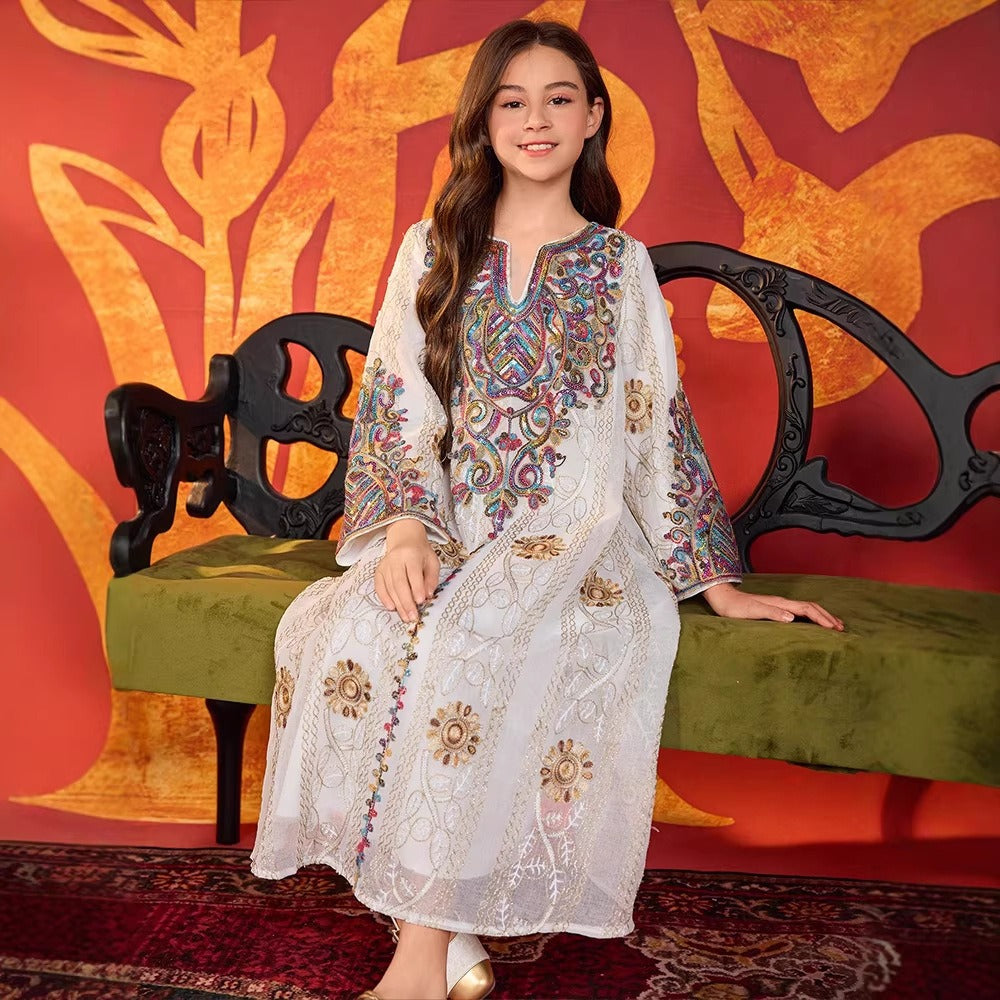 LM138 Girls Heavy Embroidery Maxi Dress – Elegant Modest Party Dress for Girls Ages 8–12