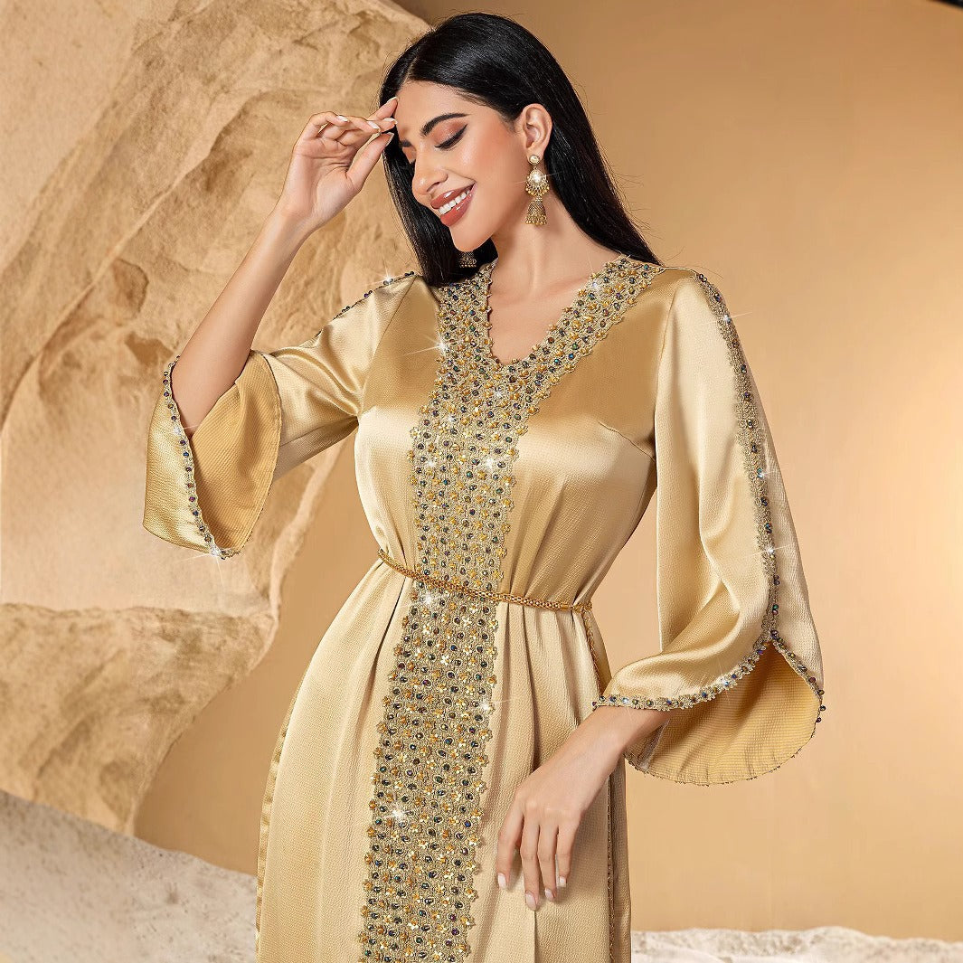 MH126 Luxury Champagne Beaded Lace Abaya Dress – Handmade Elegant Eid & Evening Kaftan