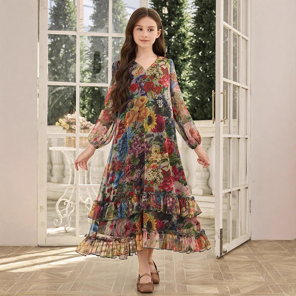 MH136 Girls Floral Print Chiffon Maxi Dress – Lantern Sleeve Modest Dress for Girls Ages 8–12