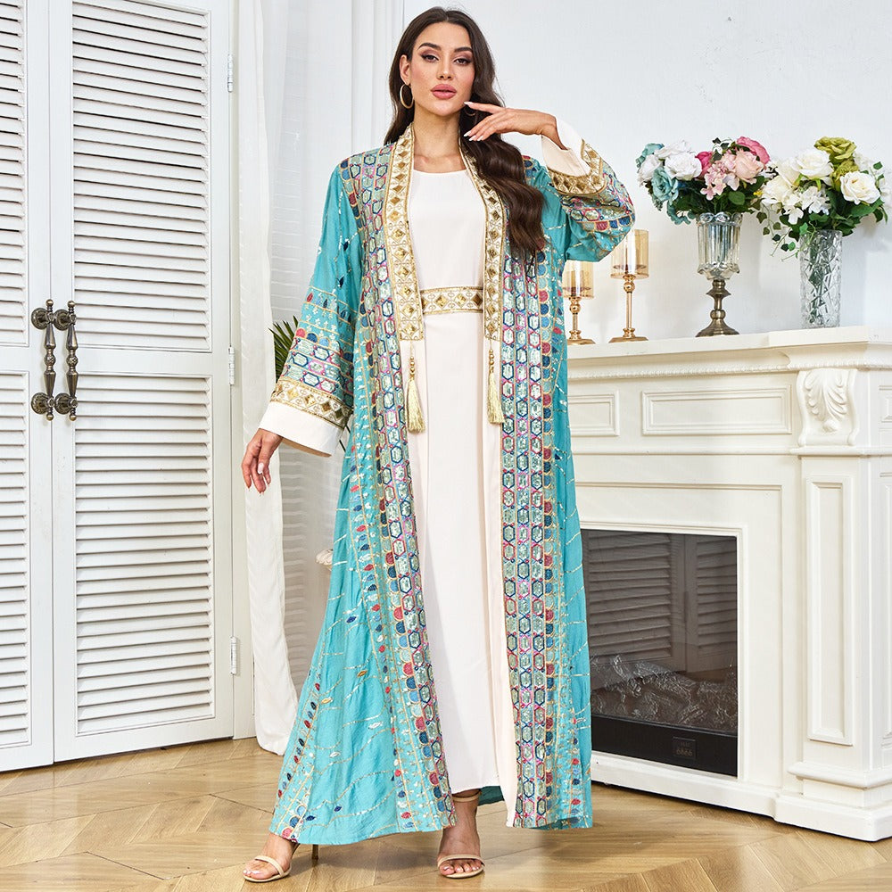 MH130 Luxury Beaded Open Abaya Set – Embroidered Modest Eid Kimono Dress for Muslim Women