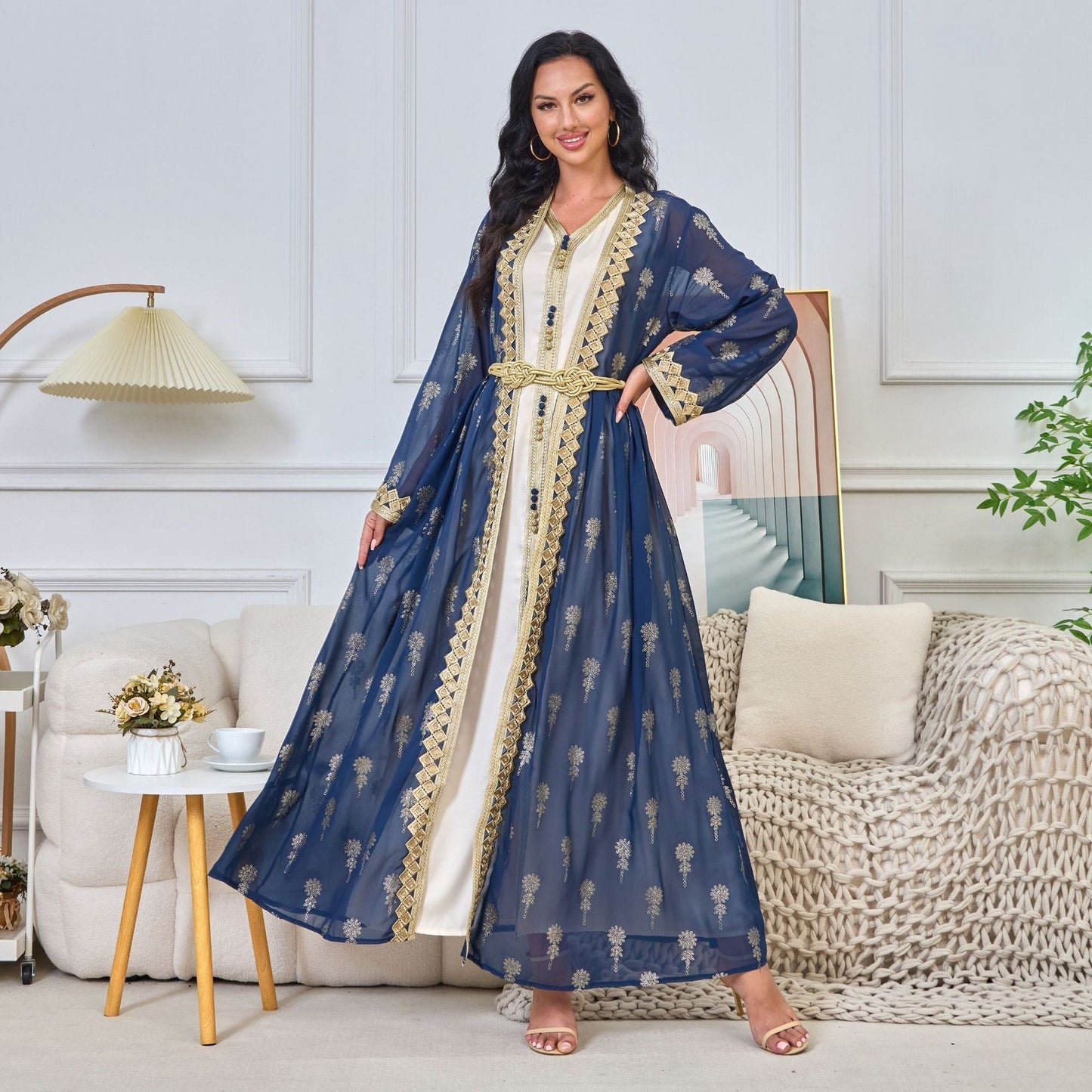 MH127 Embroidered Two Piece Abaya Set – Luxury Open Front Cardigan Abaya Dress for Eid & Formal Wear