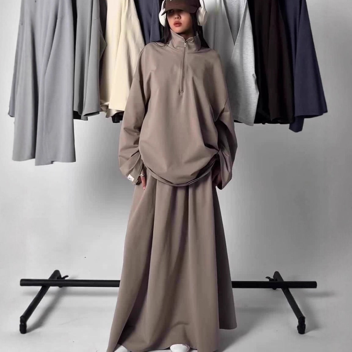 MH126 Modest Half-Zip Top and Maxi Skirt Set – Loose Casual Two Piece Outfit
