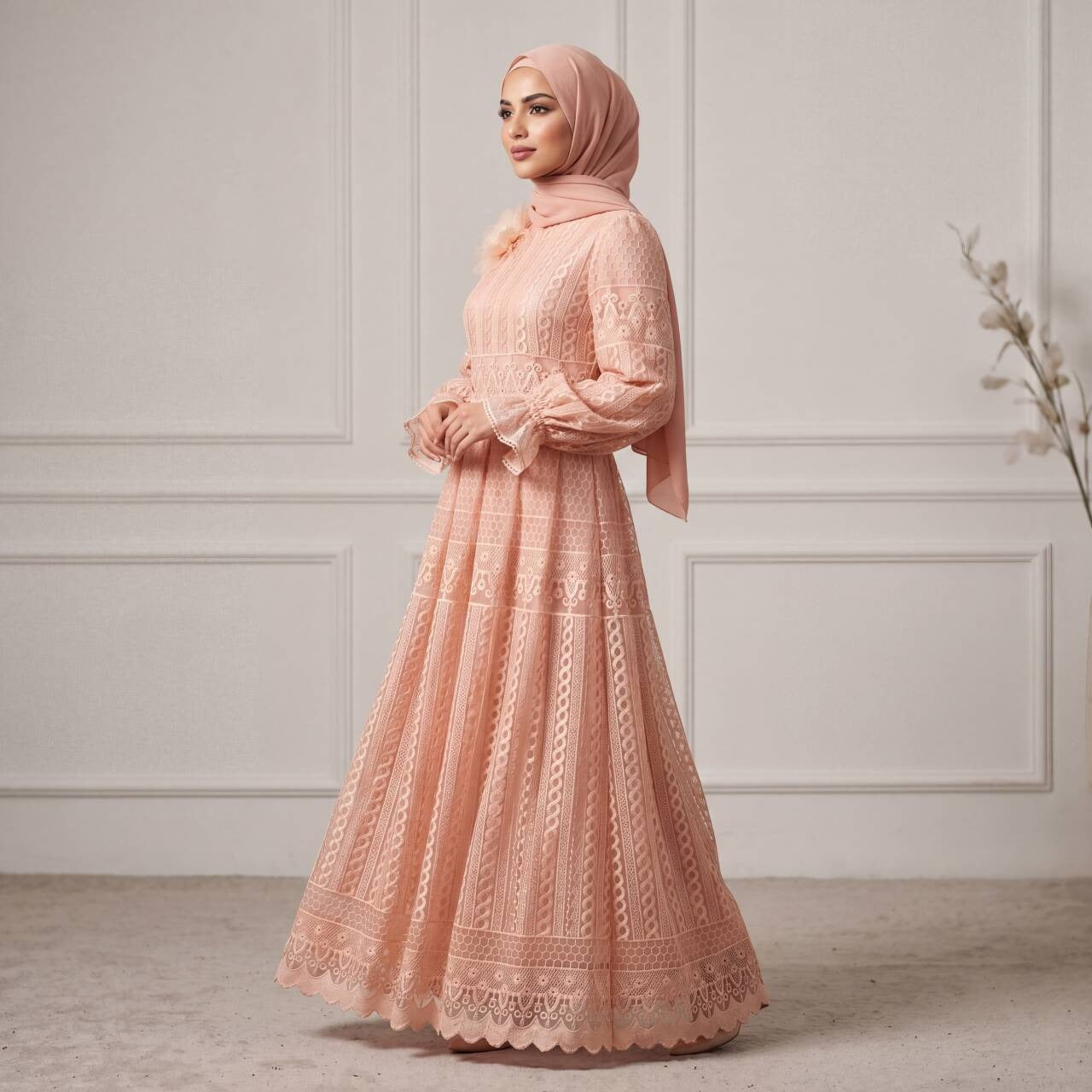 MH134 Elegant Embroidered Double Layer Abaya Dress – Luxury Modest Maxi Gown for Muslim Women