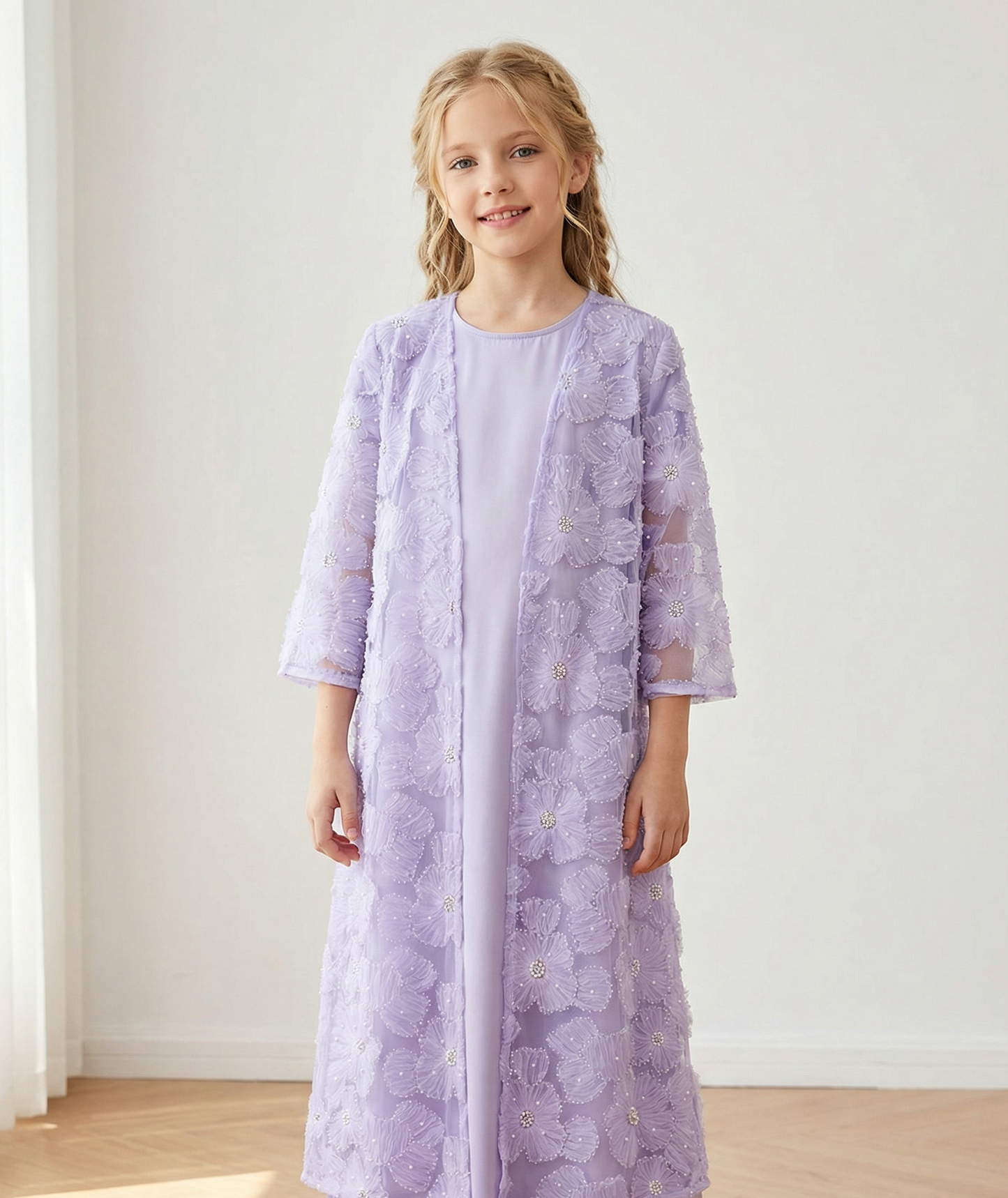 MH122 | Girls 2-Piece Mesh Flower Bead Jacket & Satin Dress Set | Ages 7–14