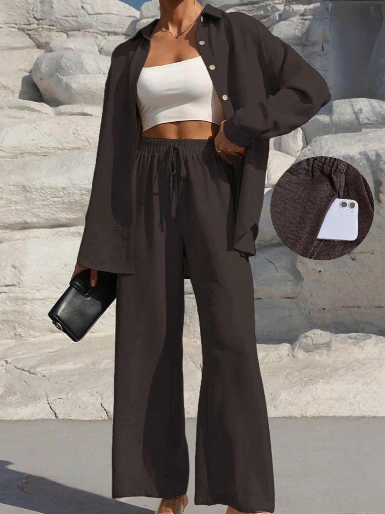 MH41 Button-Front Shirt & Tie-Waist Wide-Leg Pants Set (2-Piece, Pockets)
