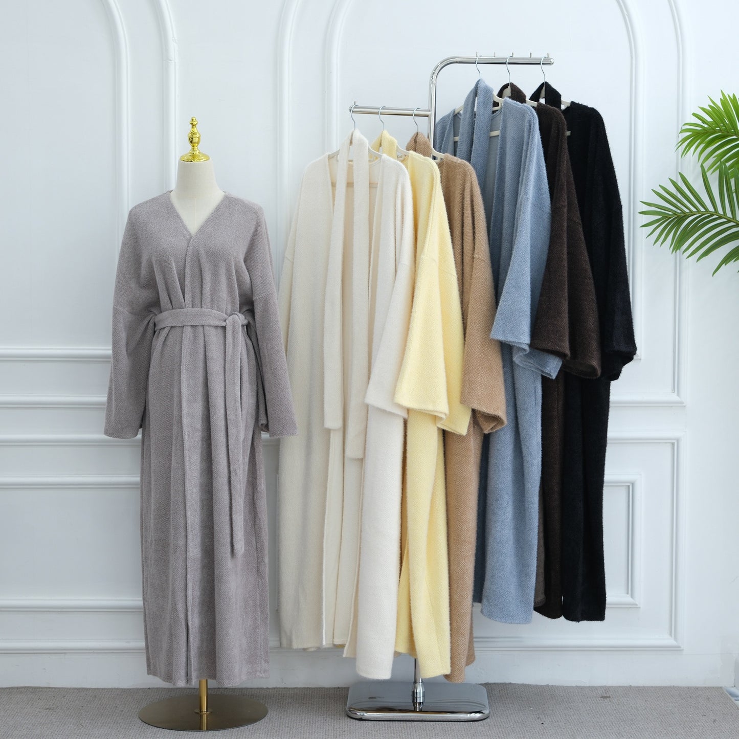 MH97 Velvet Open Abaya Cardigan with Belt – Long Sleeve Modest Outerwear