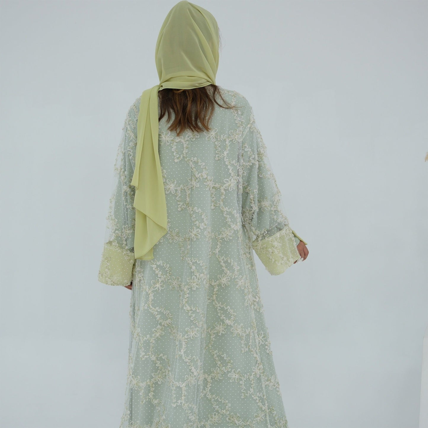 MH135 3D Floral Mesh Cardigan Abaya Set with Hijab – Elegant Modest Open Front Dress for Muslim Women