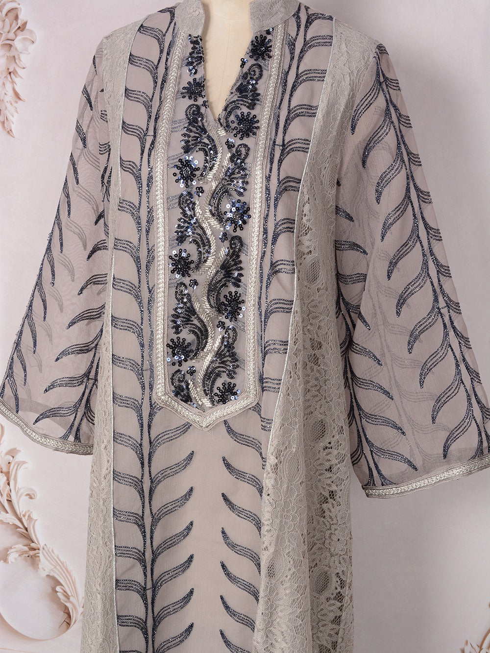 MH129 Beaded Embroidered Abaya Set – Elegant Mesh Modest Eid Dress for Muslim Women