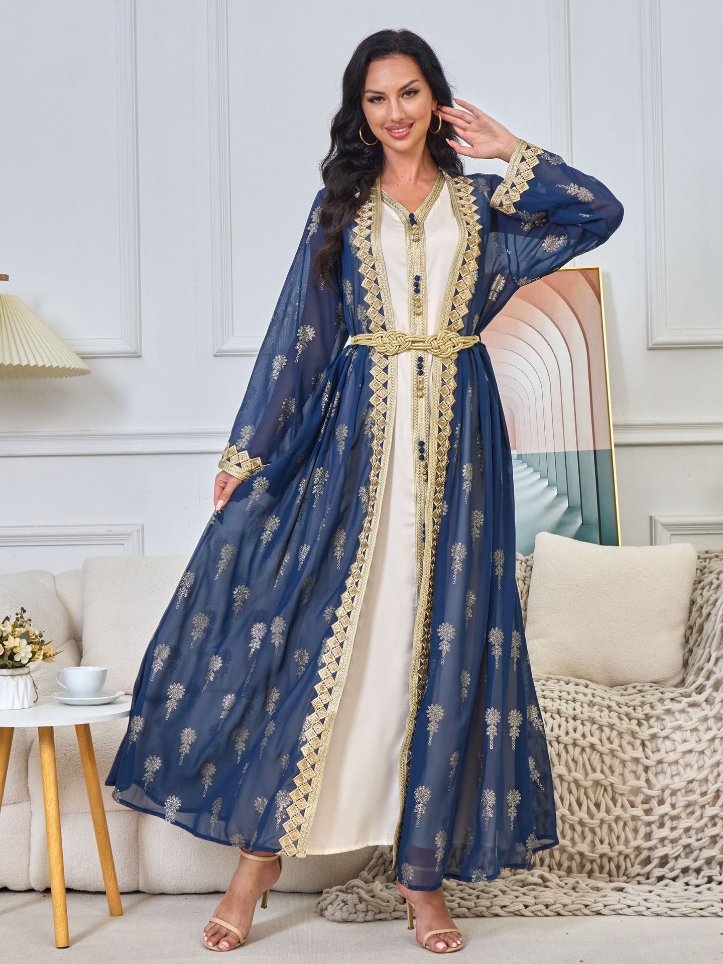 MH127 Embroidered Two Piece Abaya Set – Luxury Open Front Cardigan Abaya Dress for Eid & Formal Wear