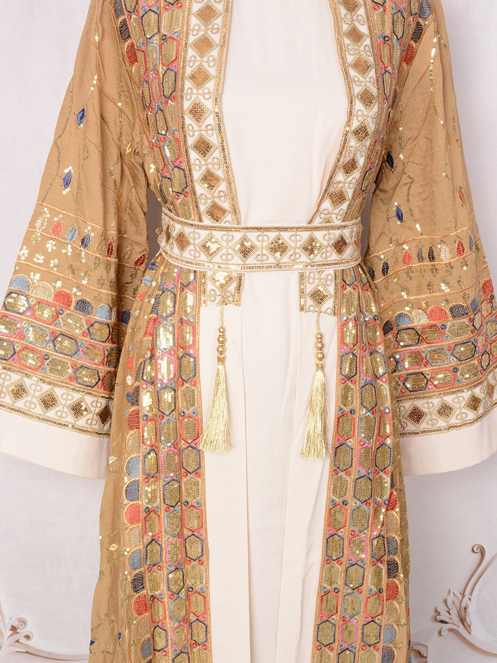 MH130 Luxury Beaded Open Abaya Set – Embroidered Modest Eid Kimono Dress for Muslim Women