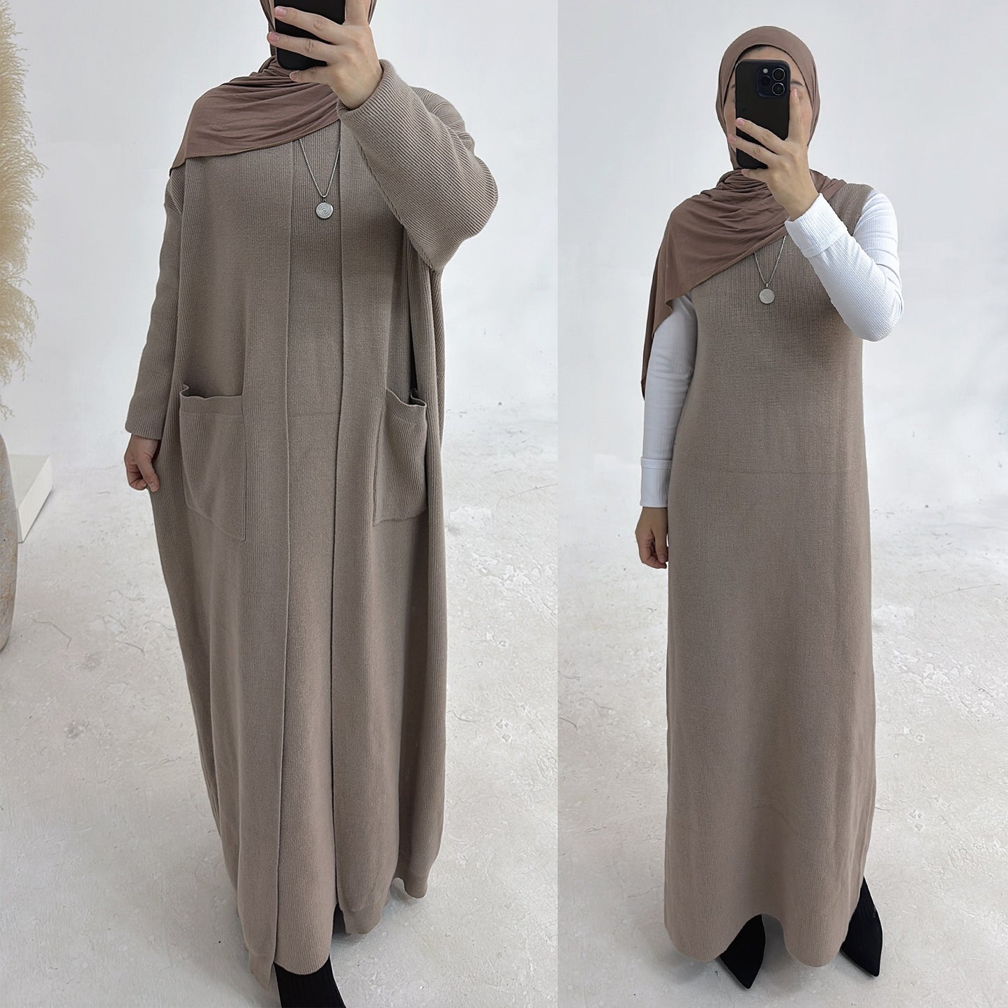 MH82 Winter Knit Abaya Set – 2-Piece Modest Co-ord (Open Cardigan + Inner Dress) with Pockets