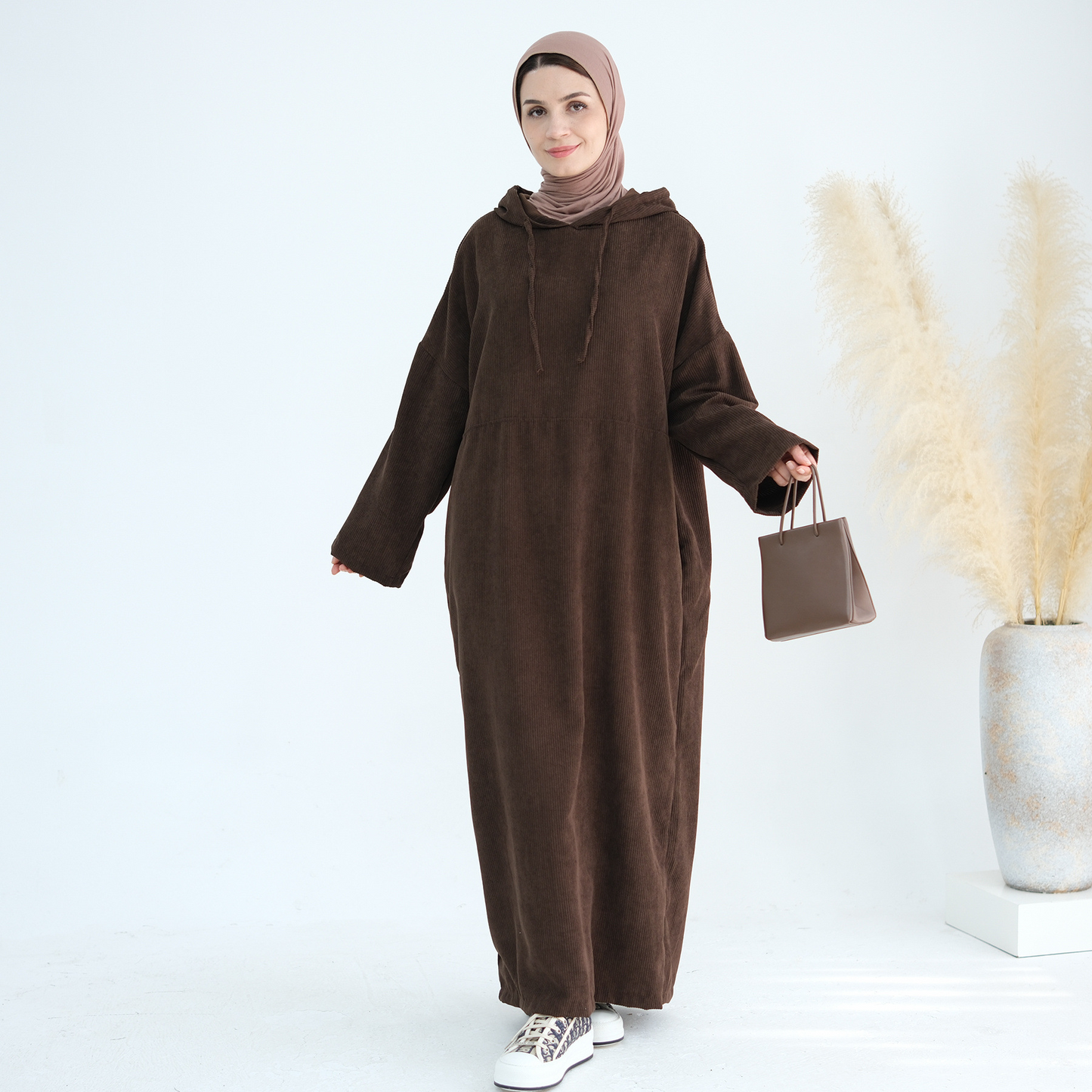 MH95 Corduroy Hooded Abaya with Pockets – Winter Casual Maxi Dress