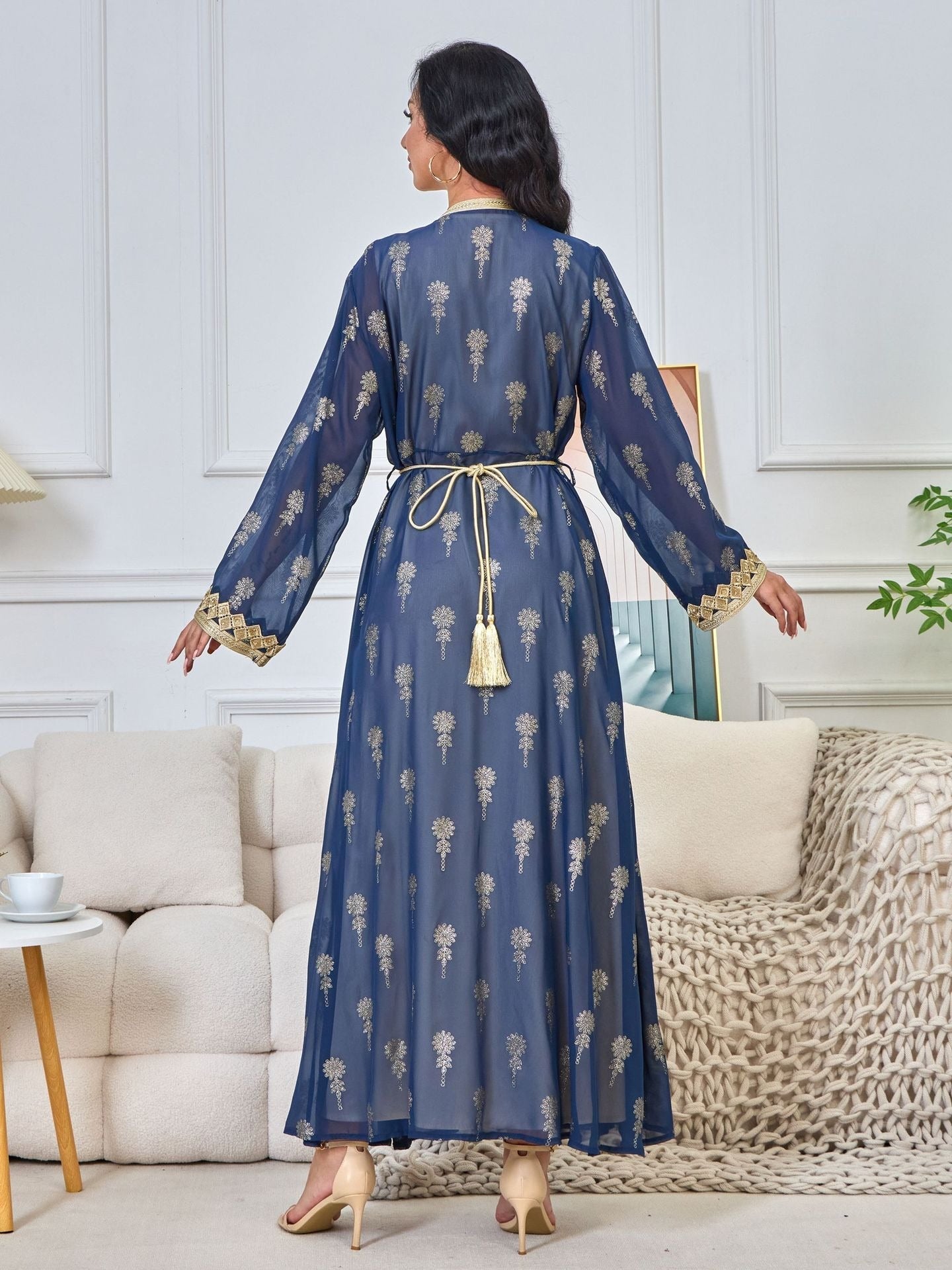 MH127 Embroidered Two Piece Abaya Set – Luxury Open Front Cardigan Abaya Dress for Eid & Formal Wear