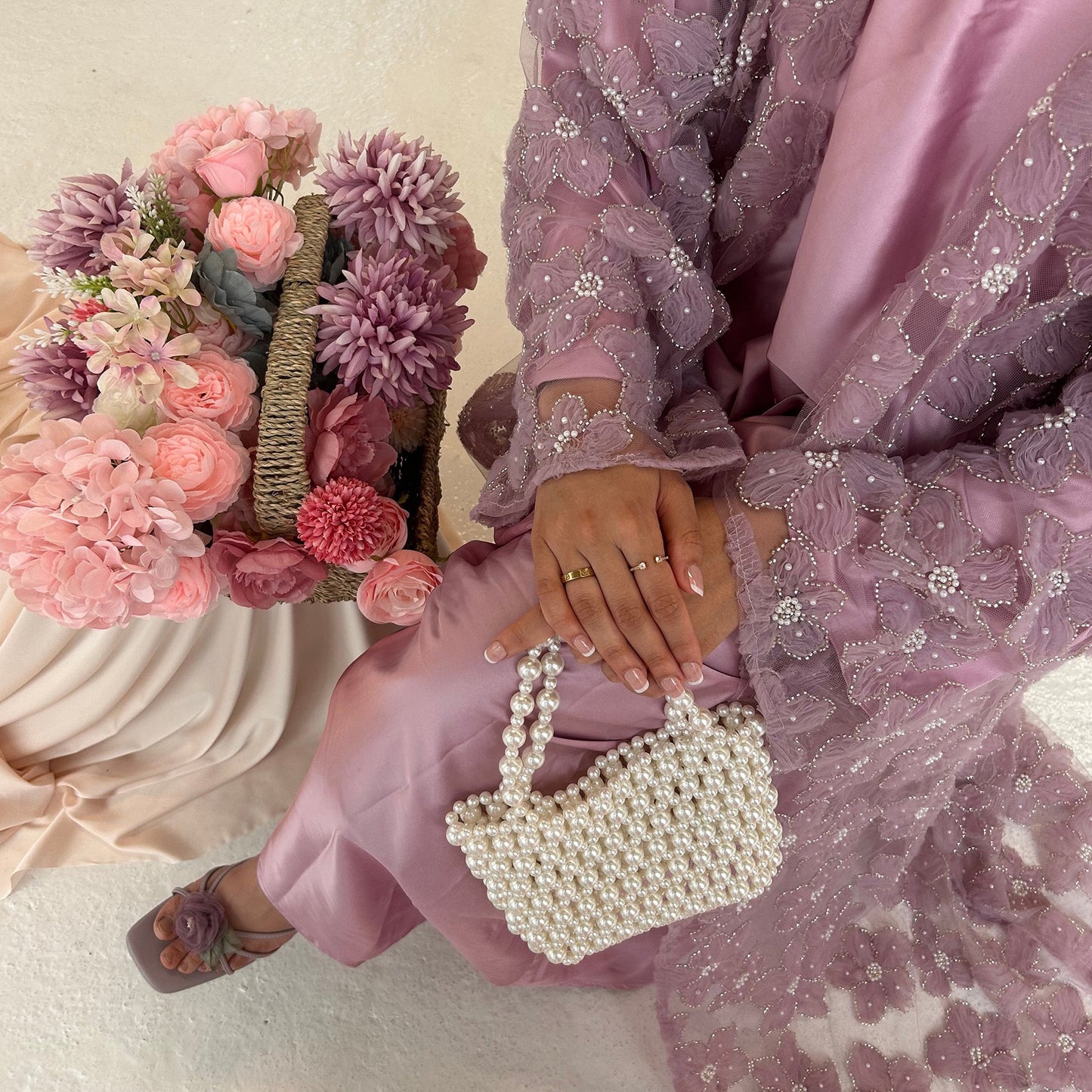 MH90 Beaded Lace Abaya Set – Embroidered Open Abaya, Optional Hijab & Inner Dress