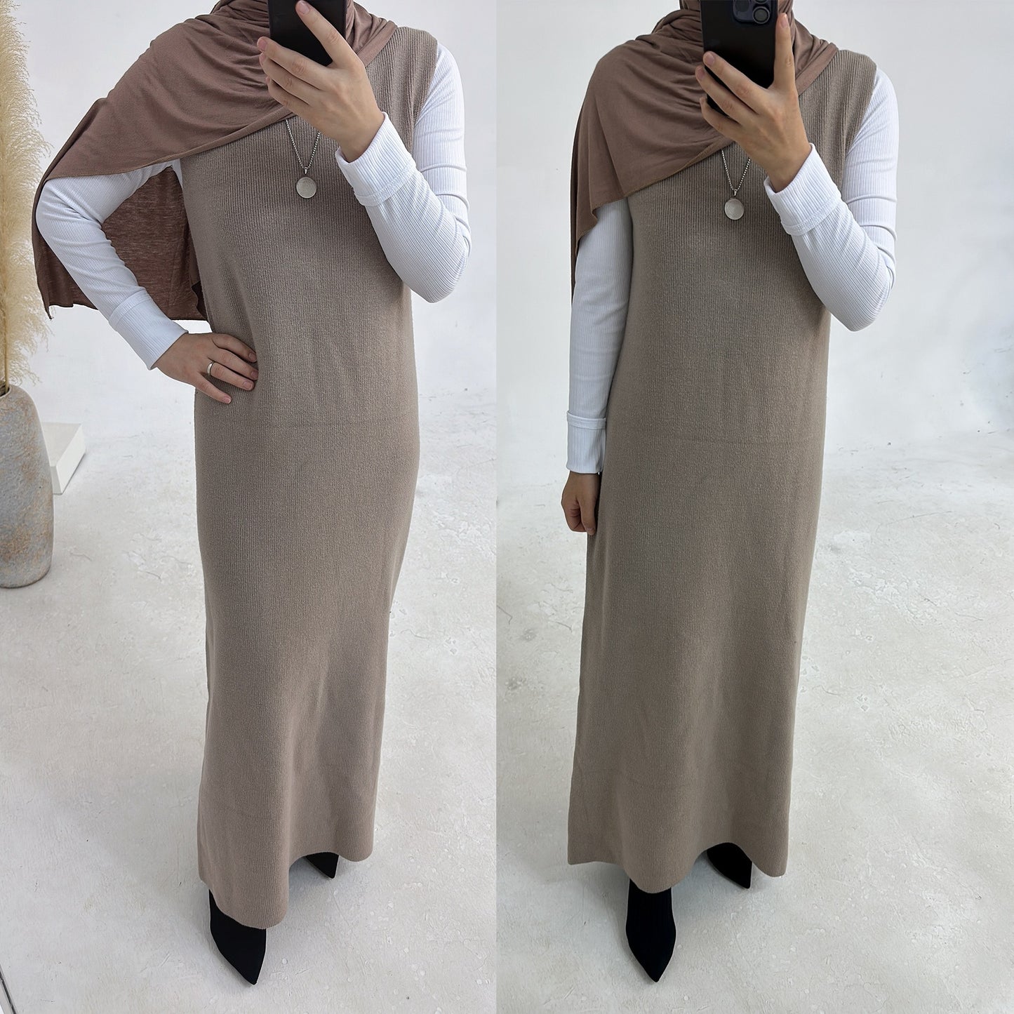 MH82 Winter Knit Abaya Set – 2-Piece Modest Co-ord (Open Cardigan + Inner Dress) with Pockets