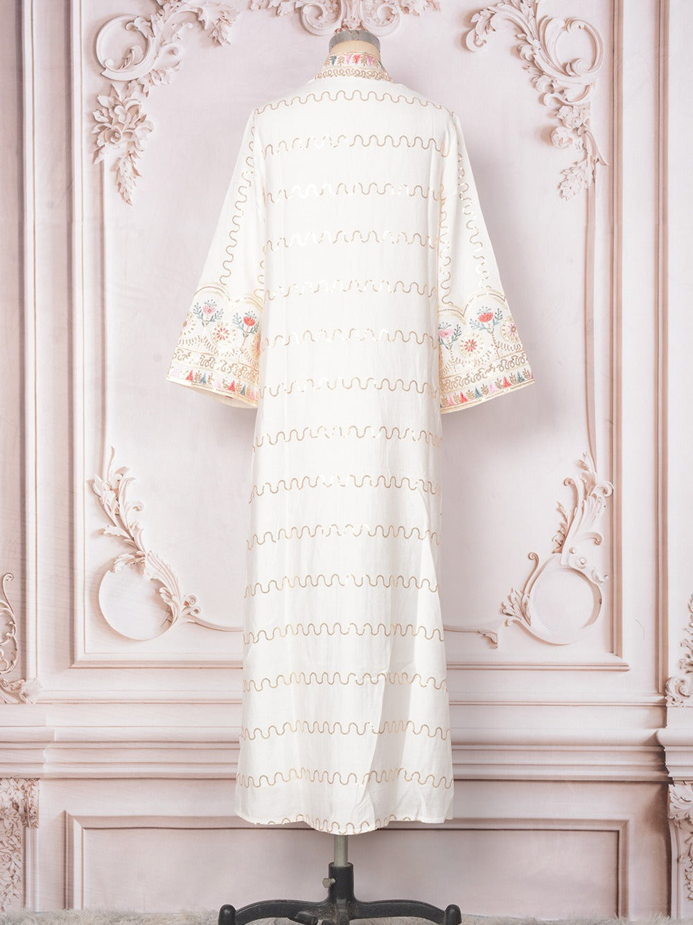 MH132 Sequin Embroidered Abaya Dress – Elegant V Neck Modest Maxi Kaftan for Muslim Women