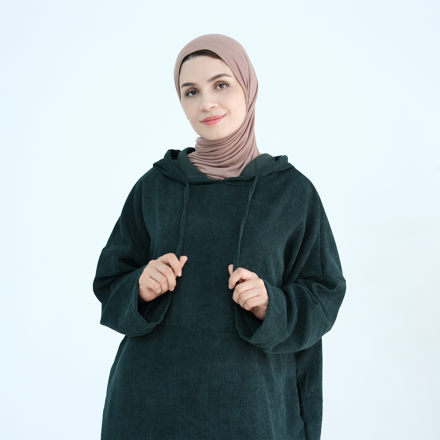 MH95 Corduroy Hooded Abaya with Pockets – Winter Casual Maxi Dress