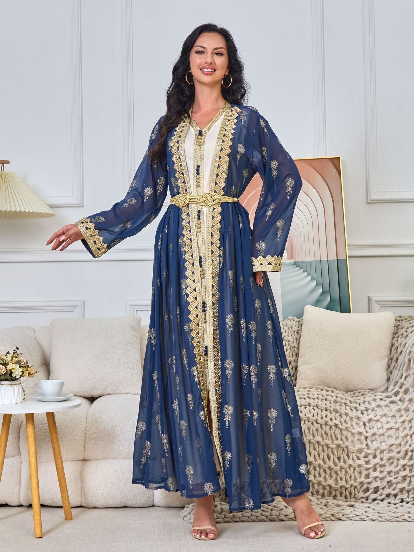 MH127 Embroidered Two Piece Abaya Set – Luxury Open Front Cardigan Abaya Dress for Eid & Formal Wear