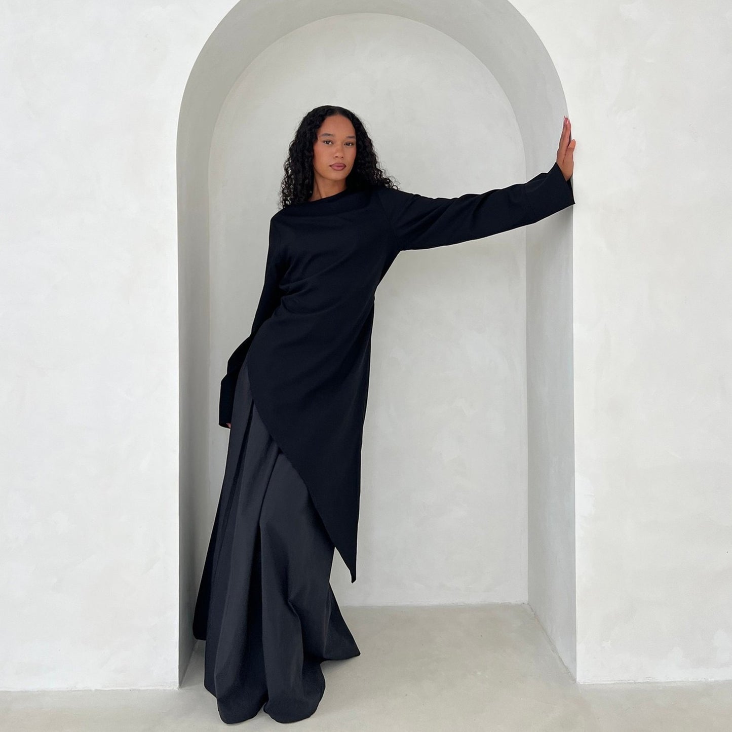 MH87 Modest Cotton-Linen Two-Piece Set – Asymmetric Drape Top & Maxi Skirt | Muslim Women Outfit for Eid & Daily Wear