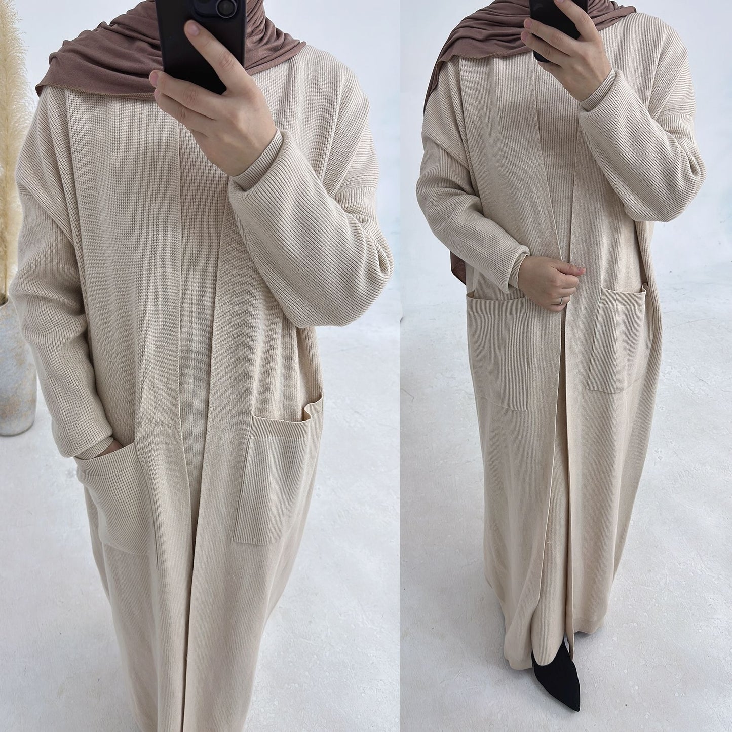 MH82 Winter Knit Abaya Set – 2-Piece Modest Co-ord (Open Cardigan + Inner Dress) with Pockets