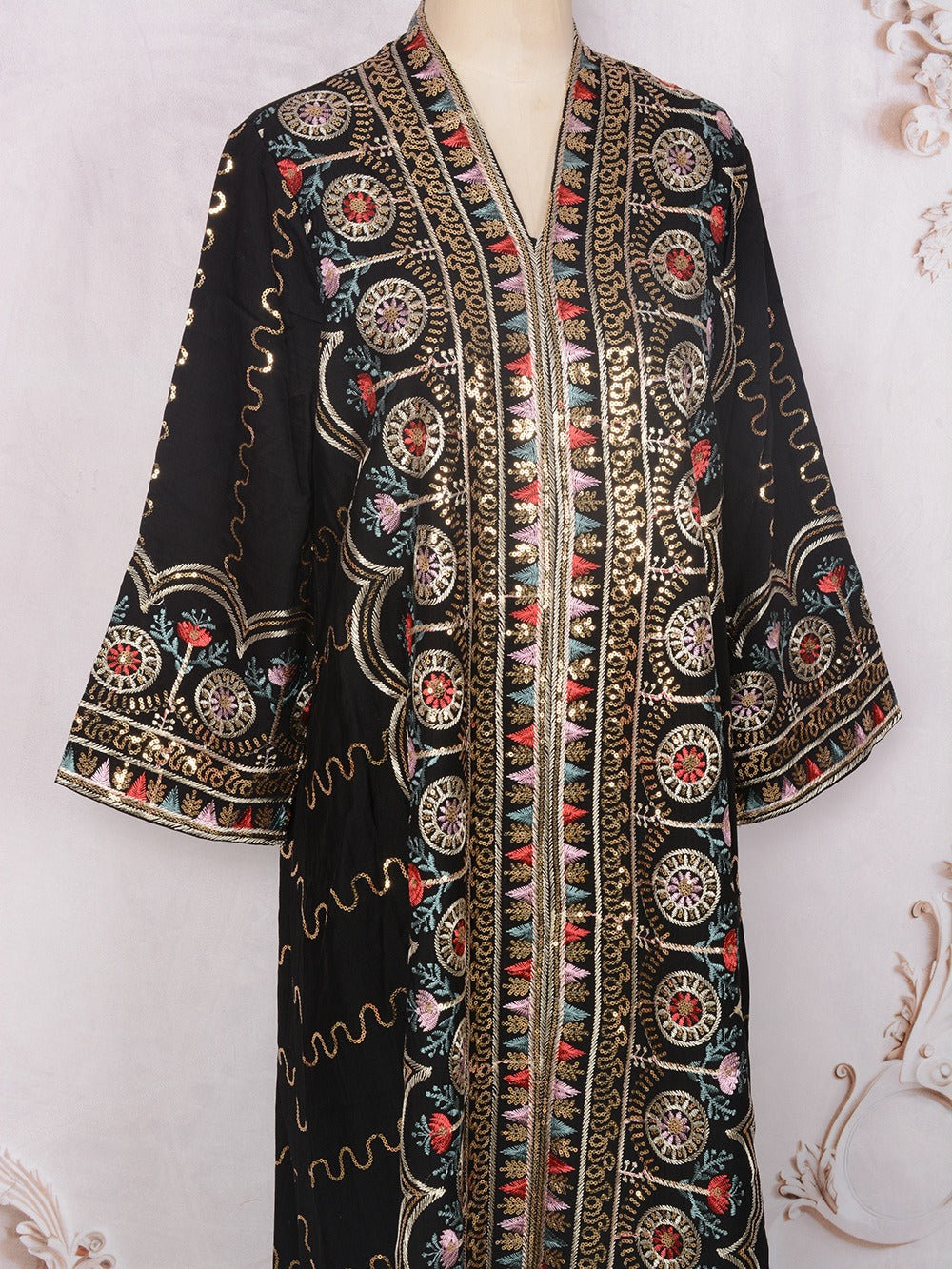 MH132 Sequin Embroidered Abaya Dress – Elegant V Neck Modest Maxi Kaftan for Muslim Women