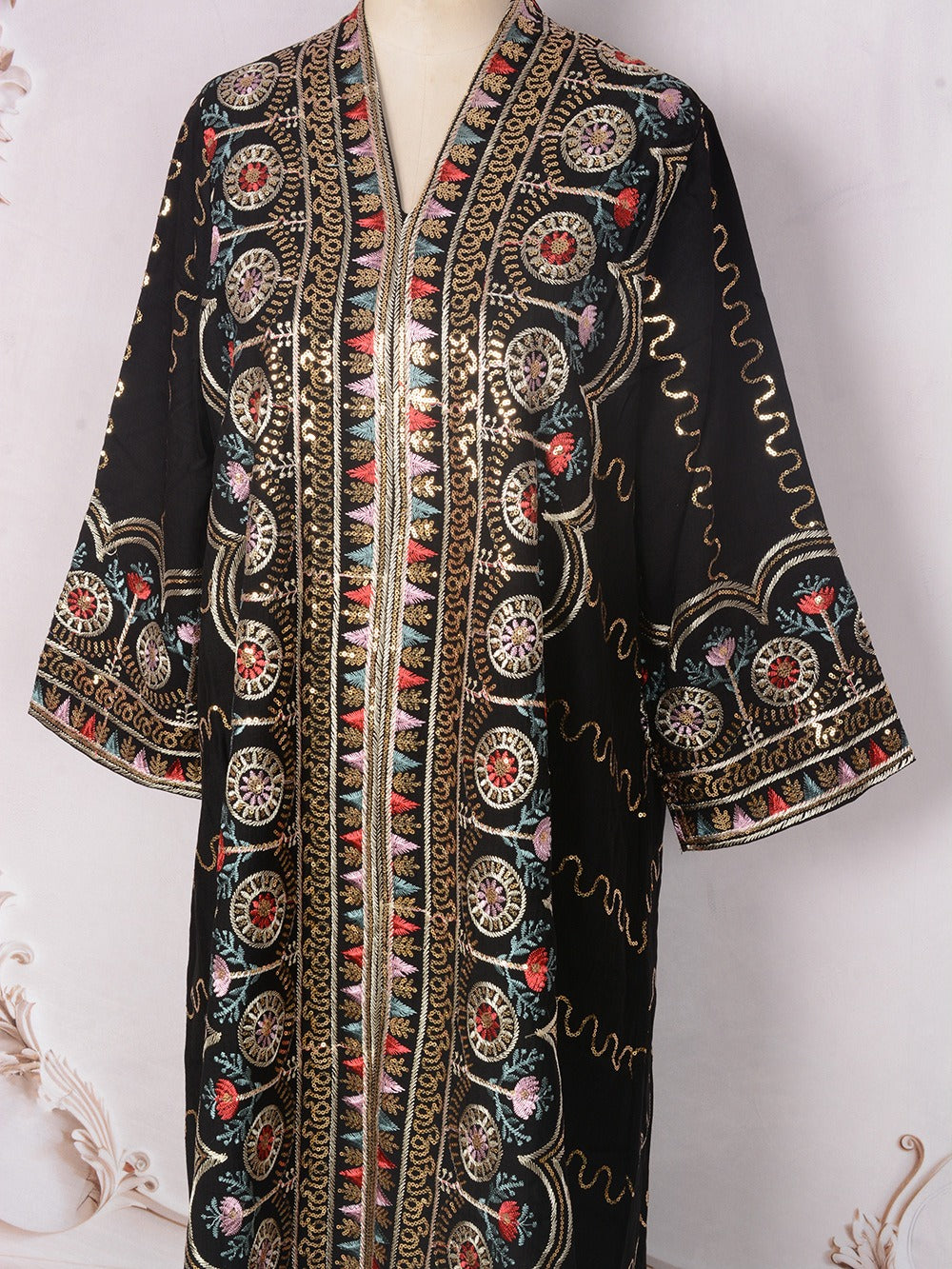 MH132 Sequin Embroidered Abaya Dress – Elegant V Neck Modest Maxi Kaftan for Muslim Women