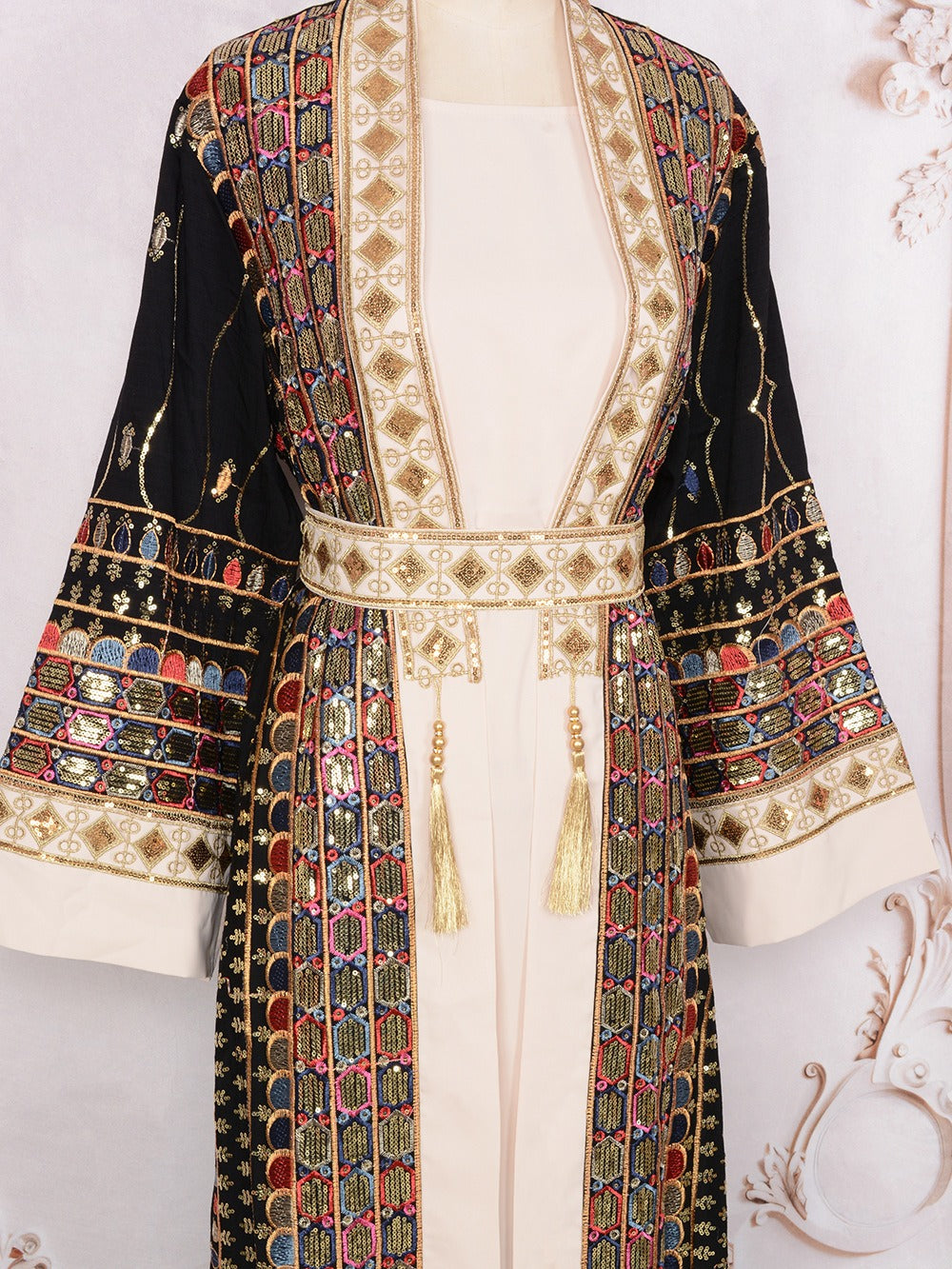 MH130 Luxury Beaded Open Abaya Set – Embroidered Modest Eid Kimono Dress for Muslim Women