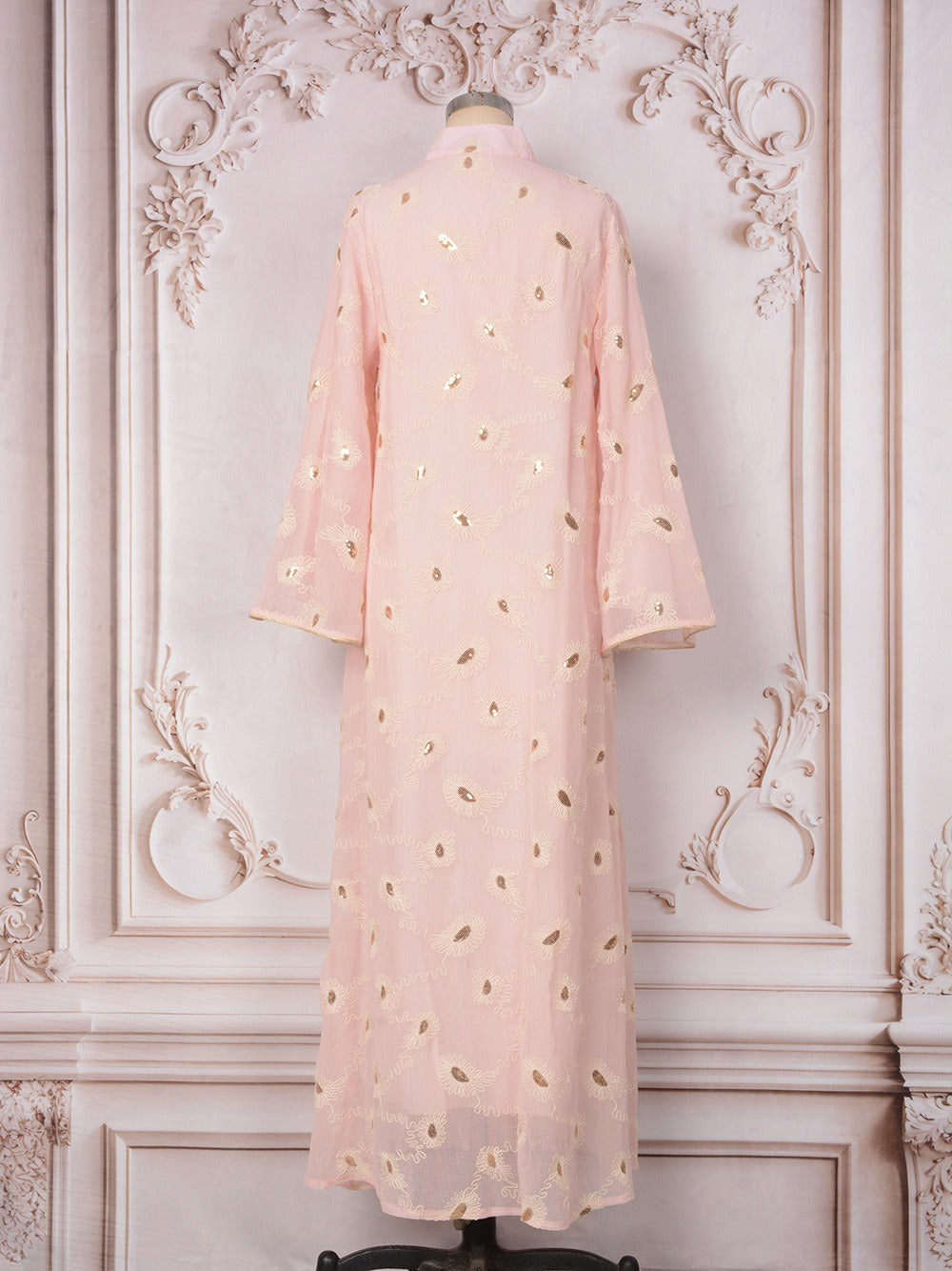 MH133 Luxury Embroidered Sequin Abaya Dress – Elegant Pink Modest Kaftan for Eid & Special Occasions