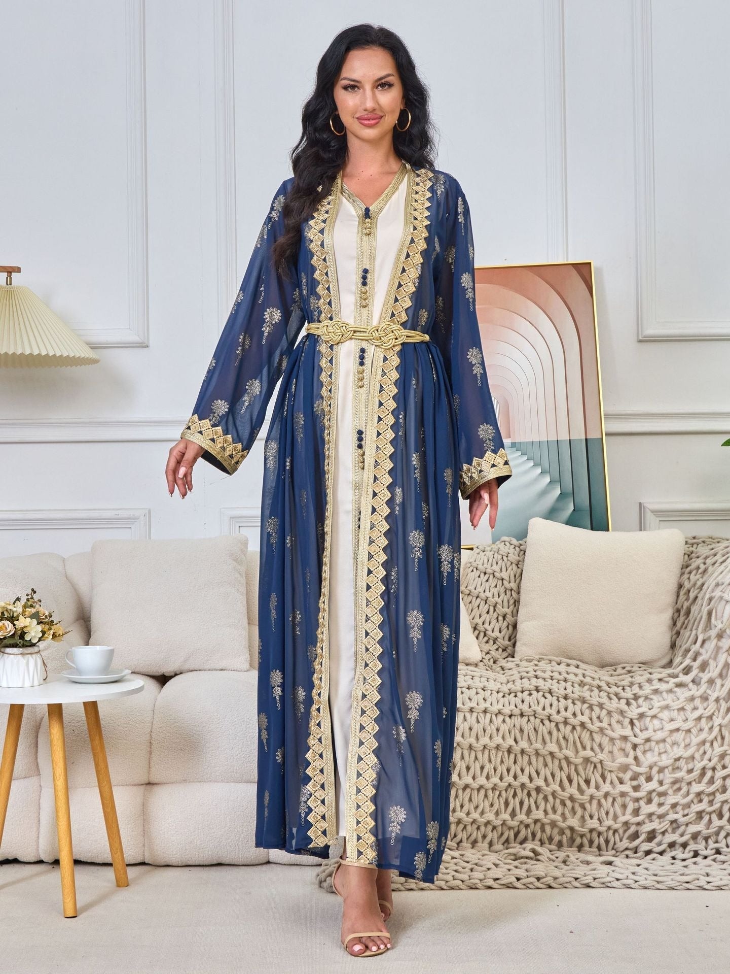 MH127 Embroidered Two Piece Abaya Set – Luxury Open Front Cardigan Abaya Dress for Eid & Formal Wear