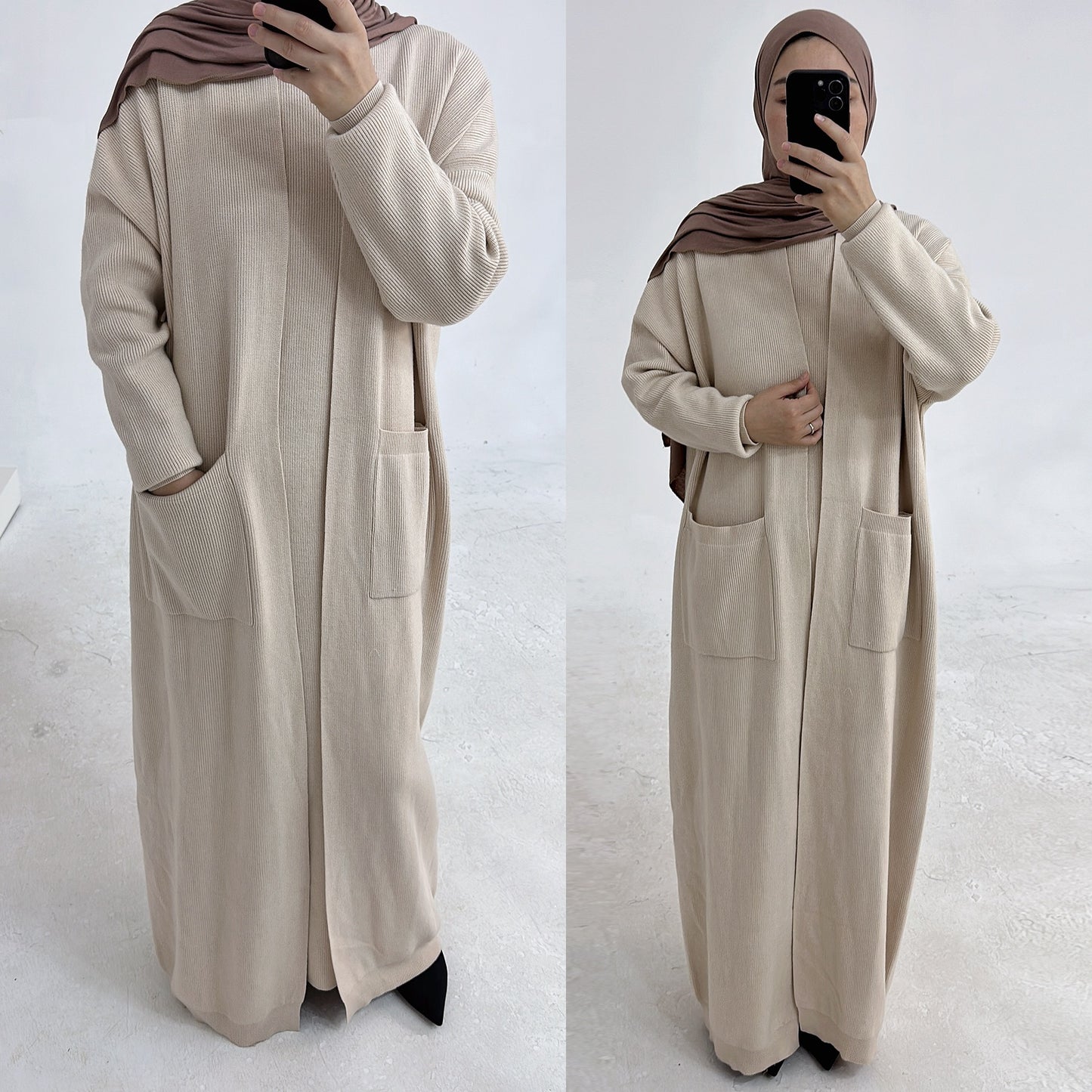 MH82 Winter Knit Abaya Set – 2-Piece Modest Co-ord (Open Cardigan + Inner Dress) with Pockets
