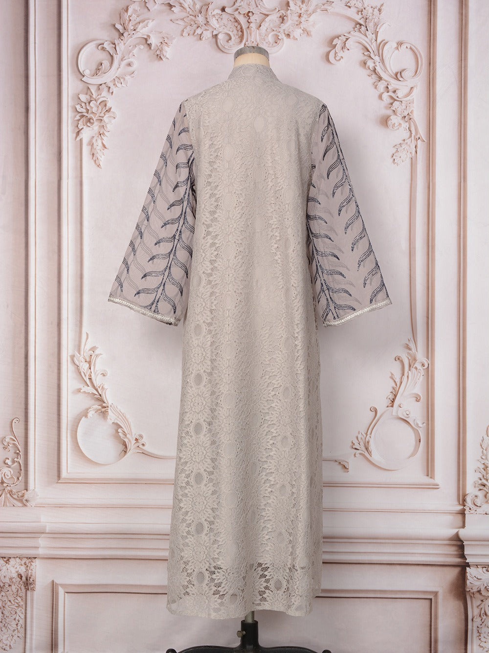 MH129 Beaded Embroidered Abaya Set – Elegant Mesh Modest Eid Dress for Muslim Women