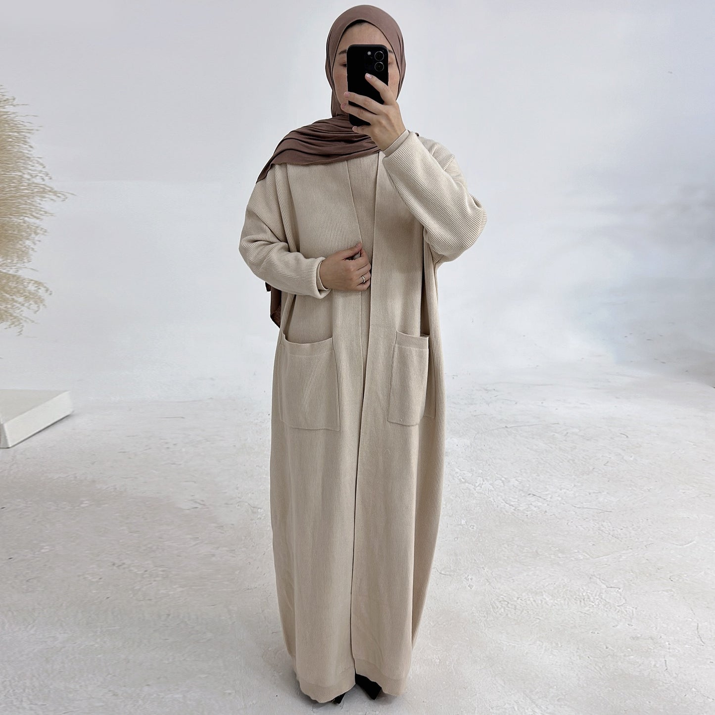 MH82 Winter Knit Abaya Set – 2-Piece Modest Co-ord (Open Cardigan + Inner Dress) with Pockets