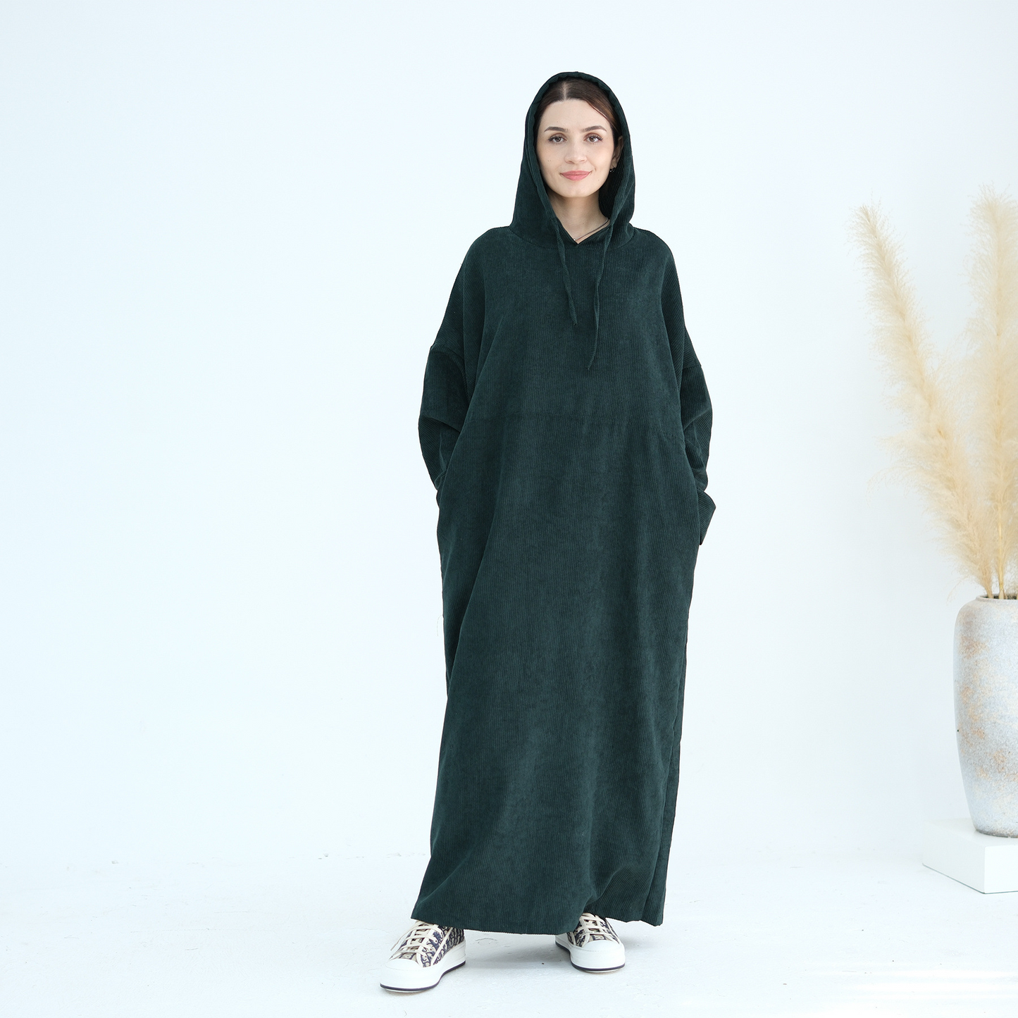 MH95 Corduroy Hooded Abaya with Pockets – Winter Casual Maxi Dress