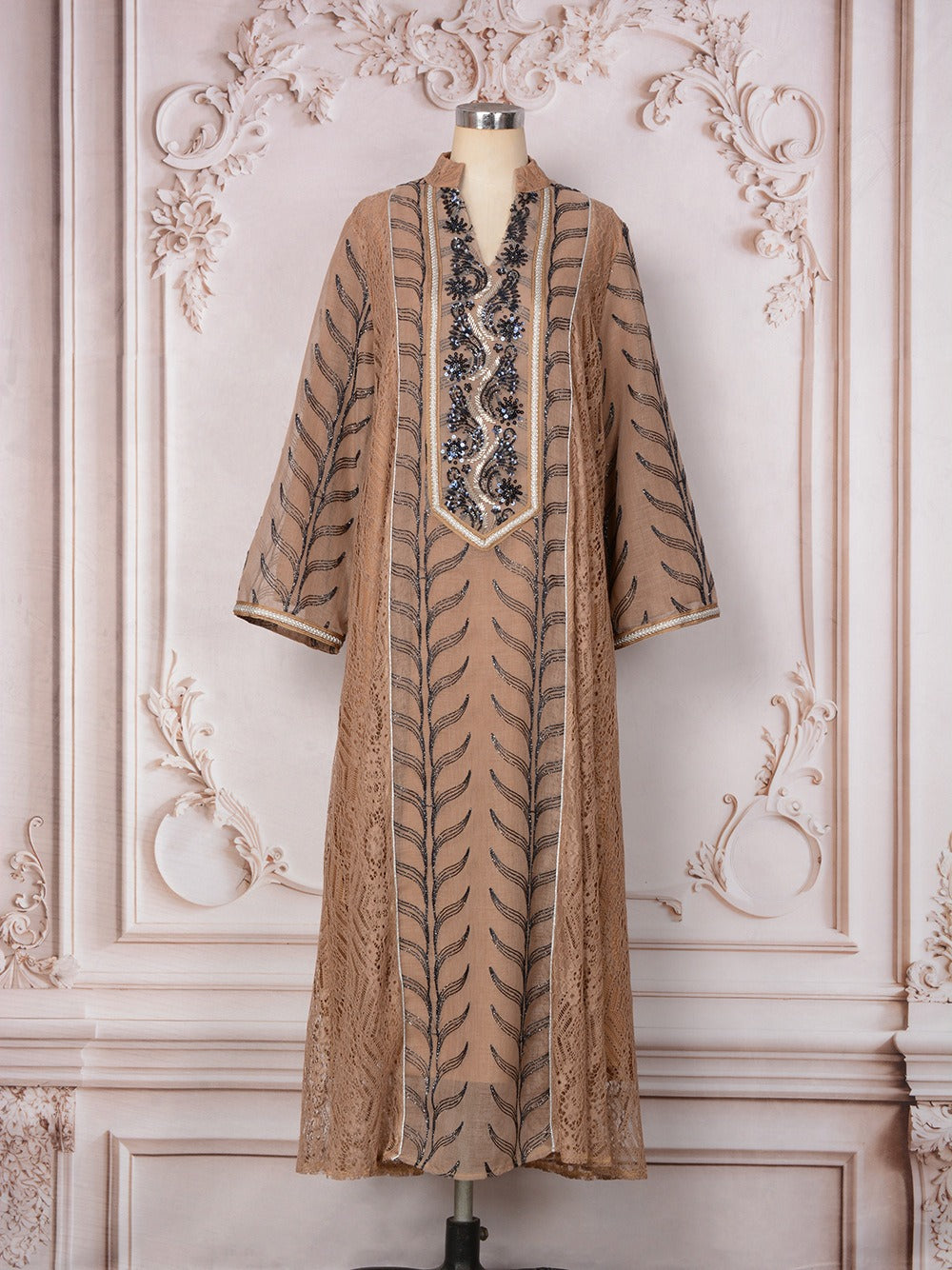 MH129 Beaded Embroidered Abaya Set – Elegant Mesh Modest Eid Dress for Muslim Women