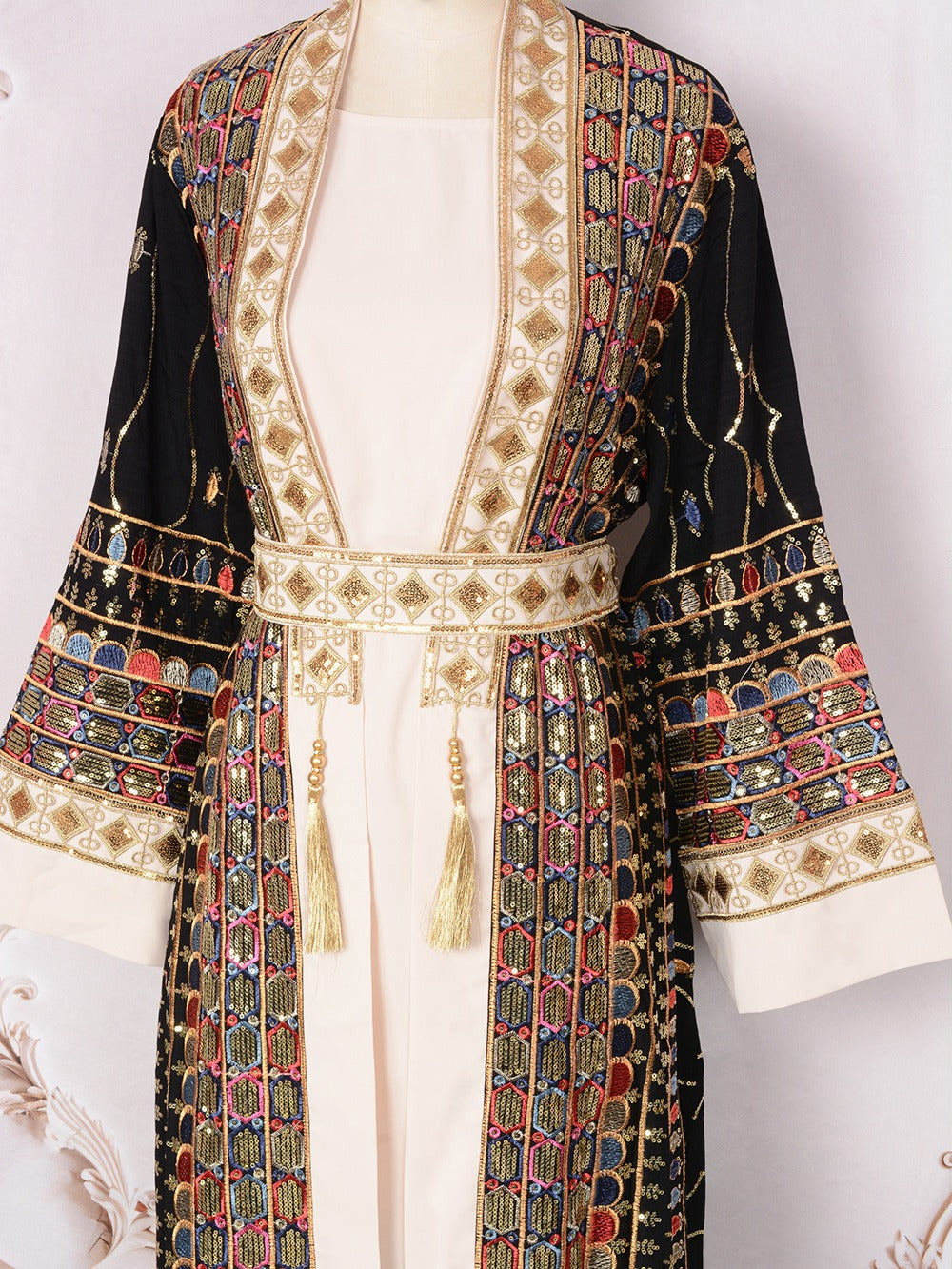 MH130 Luxury Beaded Open Abaya Set – Embroidered Modest Eid Kimono Dress for Muslim Women