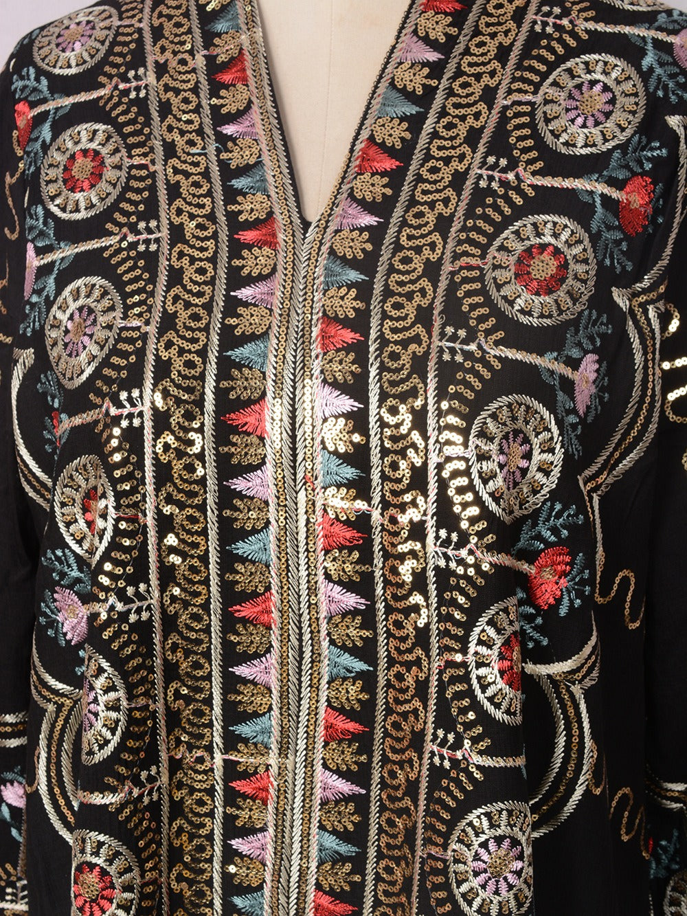 MH132 Sequin Embroidered Abaya Dress – Elegant V Neck Modest Maxi Kaftan for Muslim Women